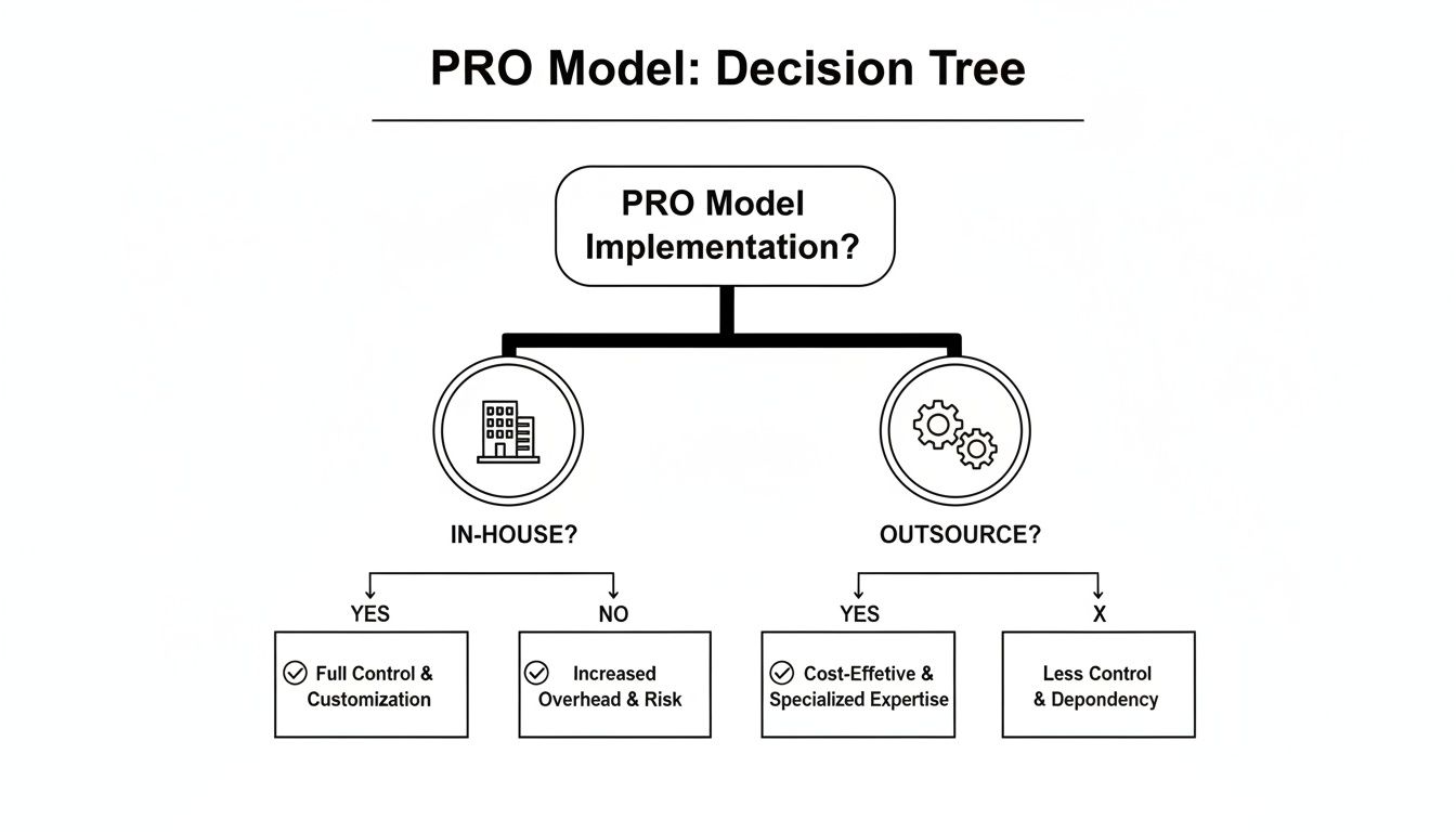PRO Model decision tree comparing in-house and outsourcing options with associated benefits and risks.