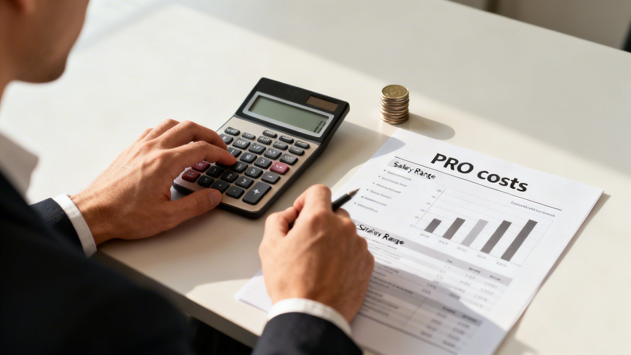 Businessman calculating costs and analyzing financial documents with a calculator and pen.