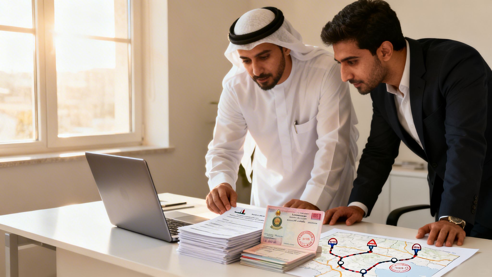 Two Arab businessmen reviewing travel documents, passports, and a map on an office desk.