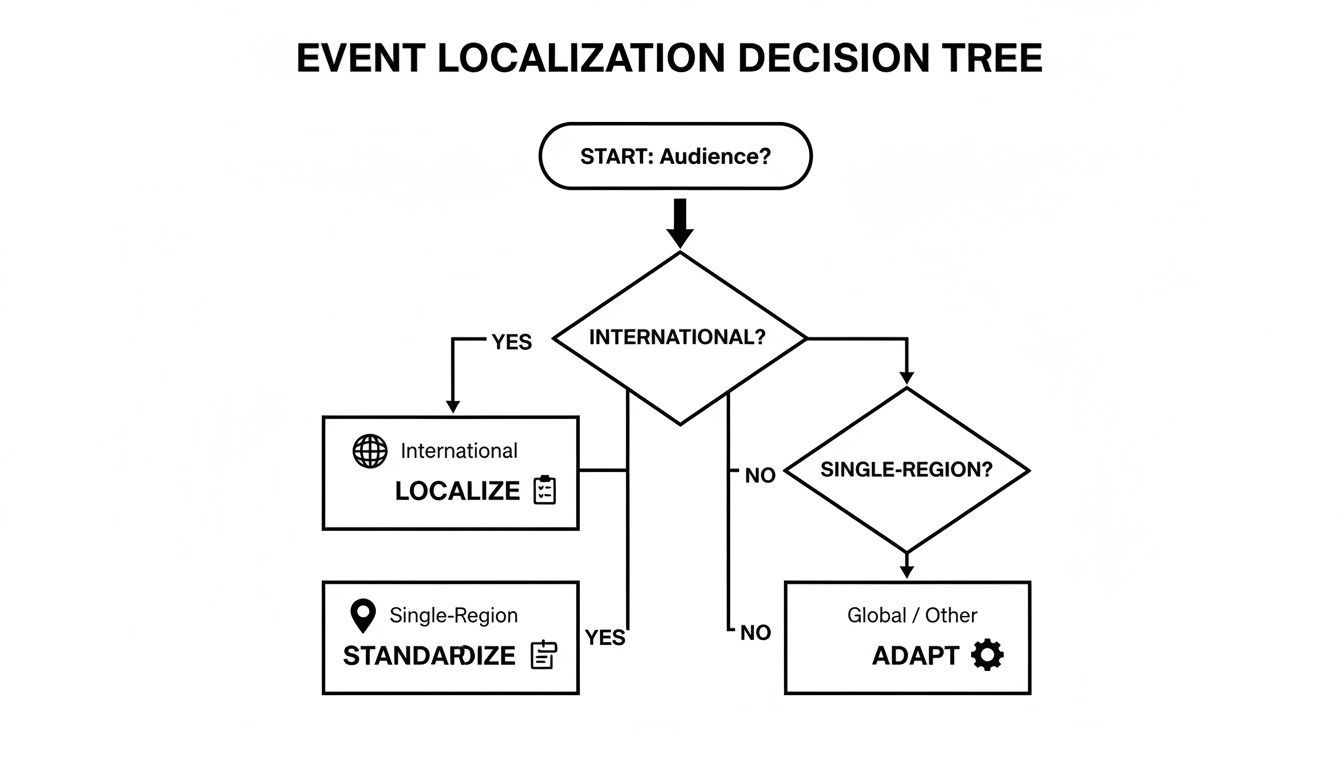 Event localization decision tree flowchart, guiding choices to localize, standardize, or adapt based on audience.