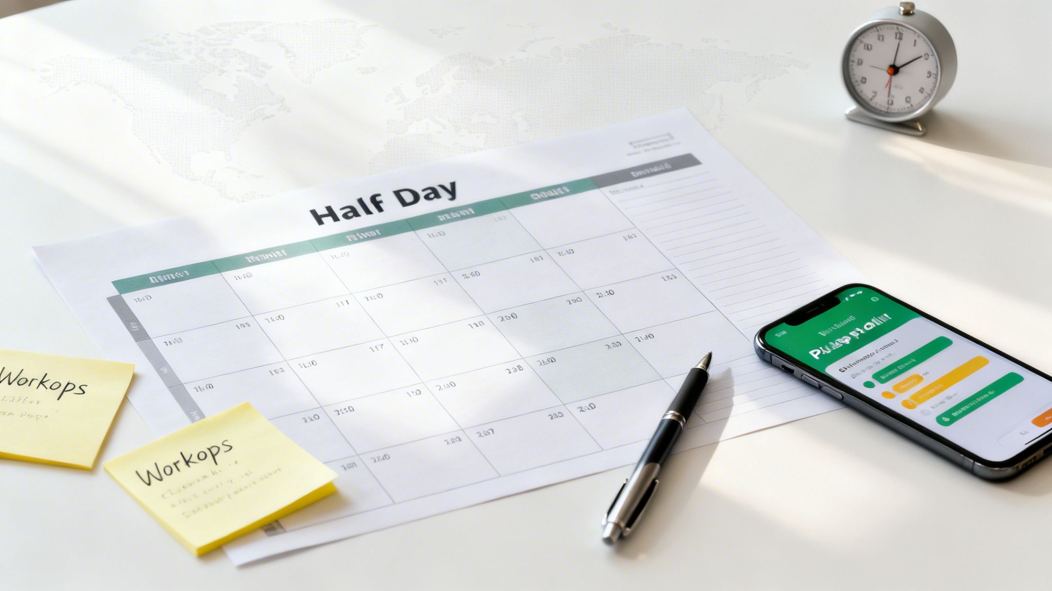 Desk setup with a 'Half Day' planner, sticky notes, phone, pen, and alarm clock.
