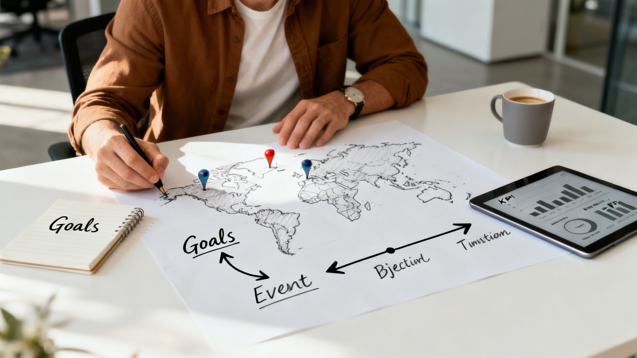 A person drawing on a world map with location pins, a notebook, and a tablet showing data.