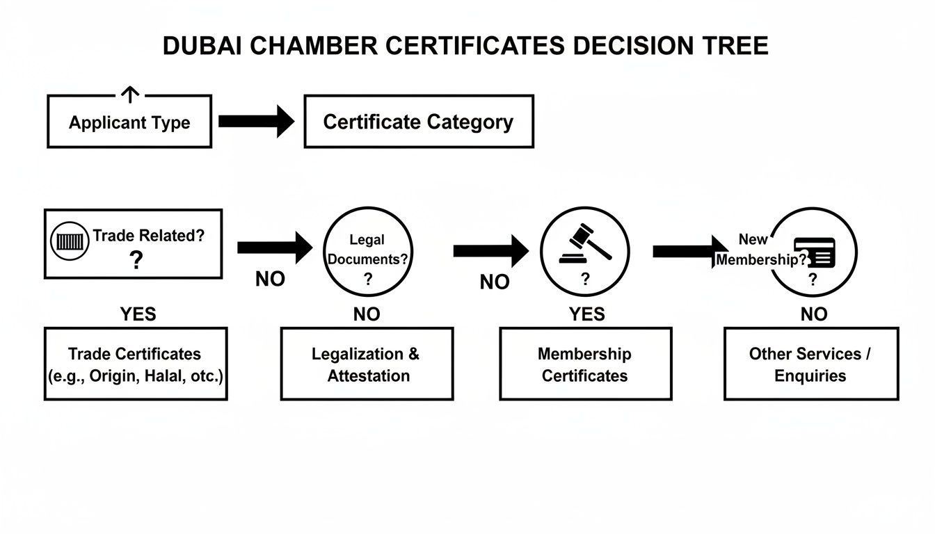 Dubai Chamber Certificates Decision Tree flowchart illustrating the process for obtaining various certificates like trade, legalization, and membership.