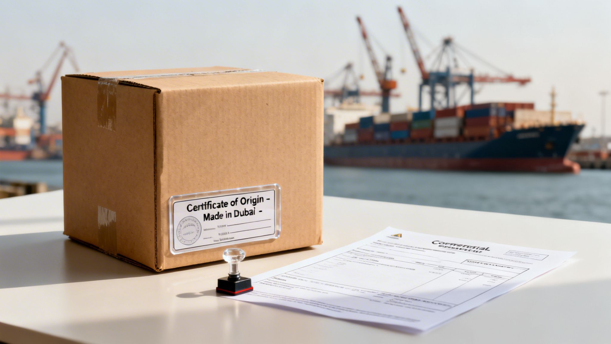 A cardboard box labeled 'Certificate of Origin - Made in Dubai' with a stamp and document on a table at a bustling port.
