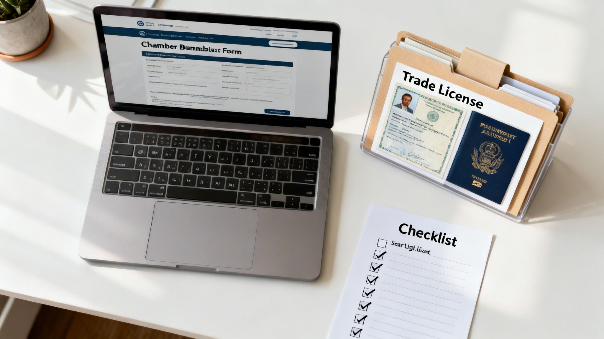 Workspace with a laptop displaying an application form, a trade license, passport, and a checklist.