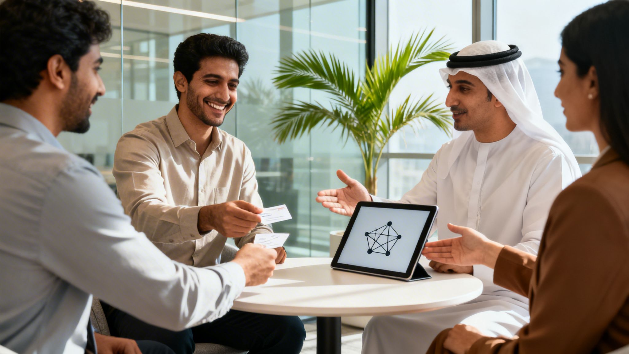 Four diverse business professionals networking at a modern office table, exchanging cards and discussing a network diagram.