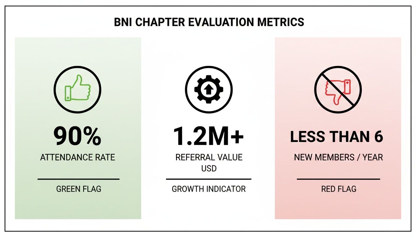 BNI Chapter Evaluation Metrics infographic detailing performance on attendance, referral value, and new member growth.