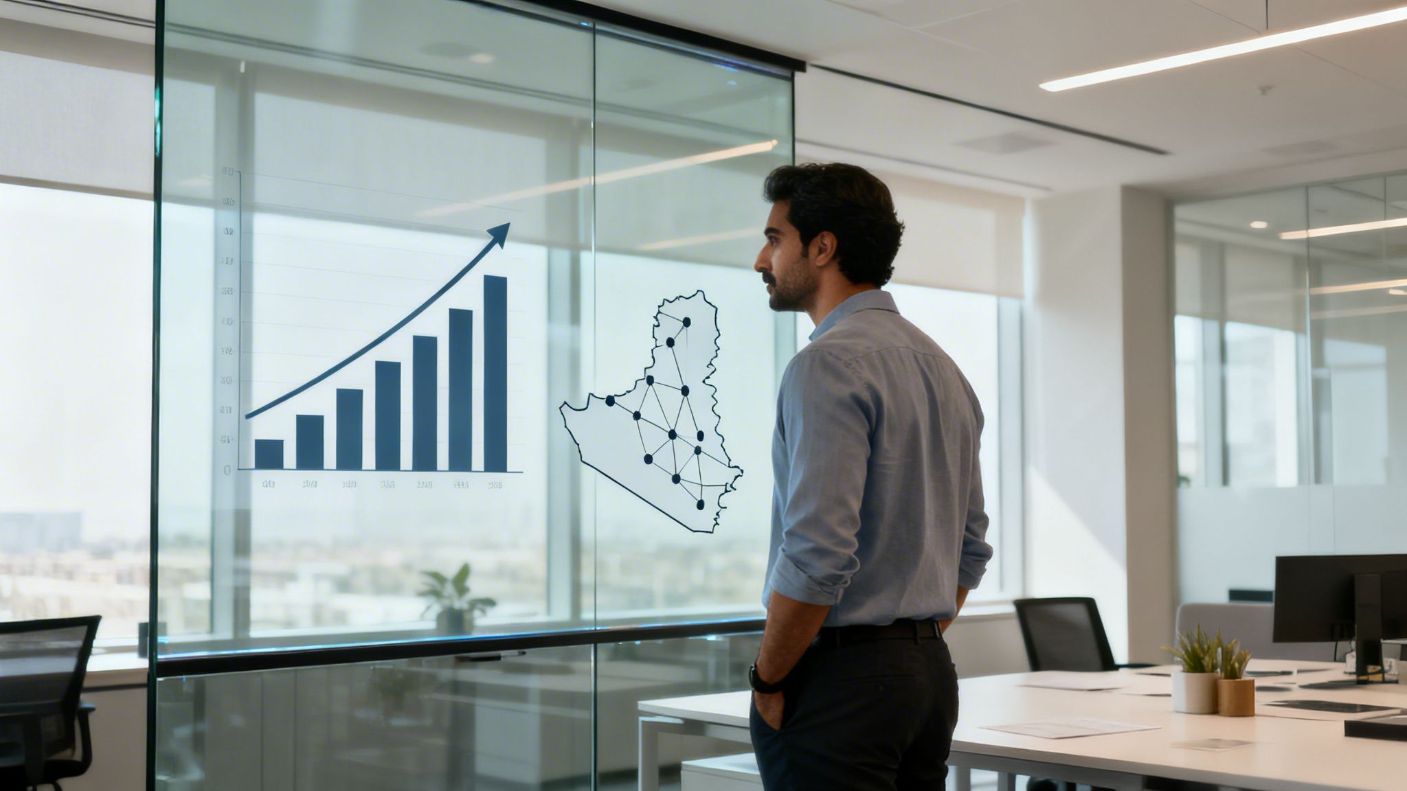 A man in a modern office looks at a transparent screen displaying a growth graph and a network map.
