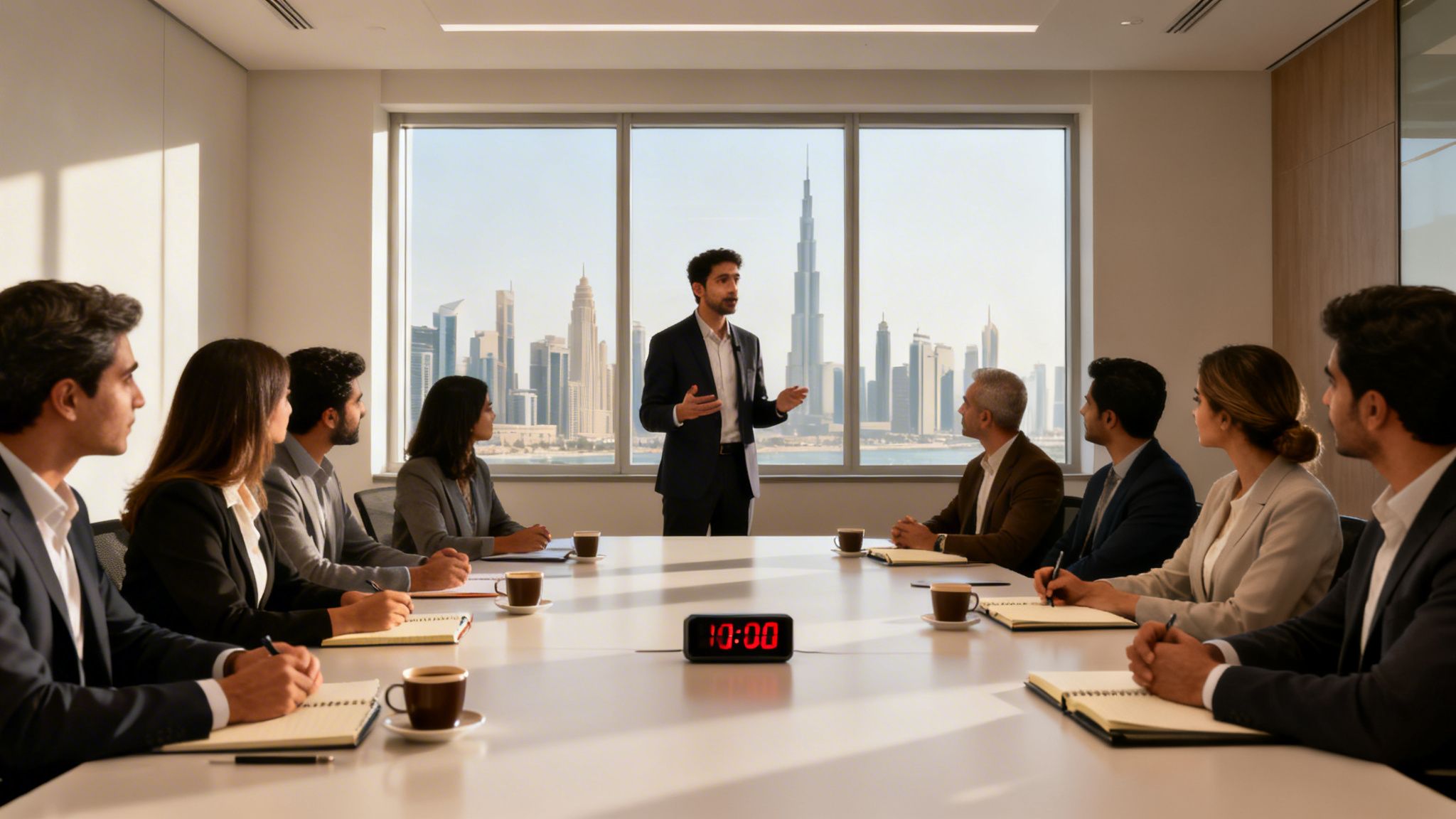 Professionals in a modern conference room with a cityscape view, attending a presentation.