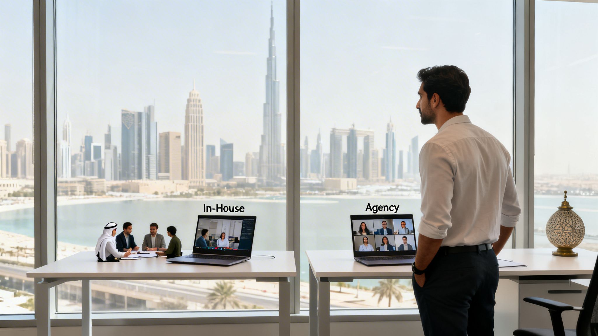 Man overlooks Dubai skyline with in-house physical and agency virtual team meetings on desks.