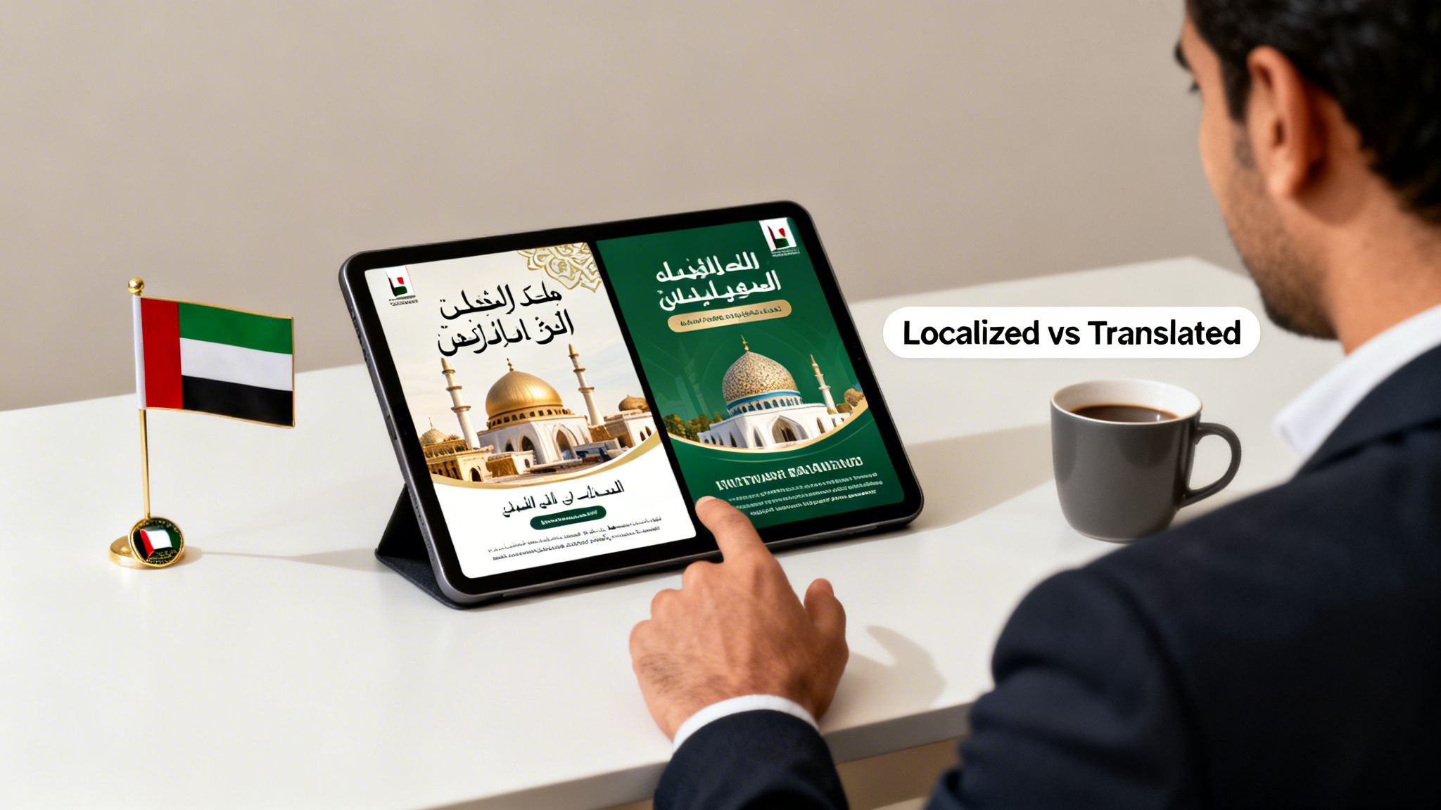 Man interacts with a tablet showing localized vs translated marketing designs featuring mosques and a UAE flag.