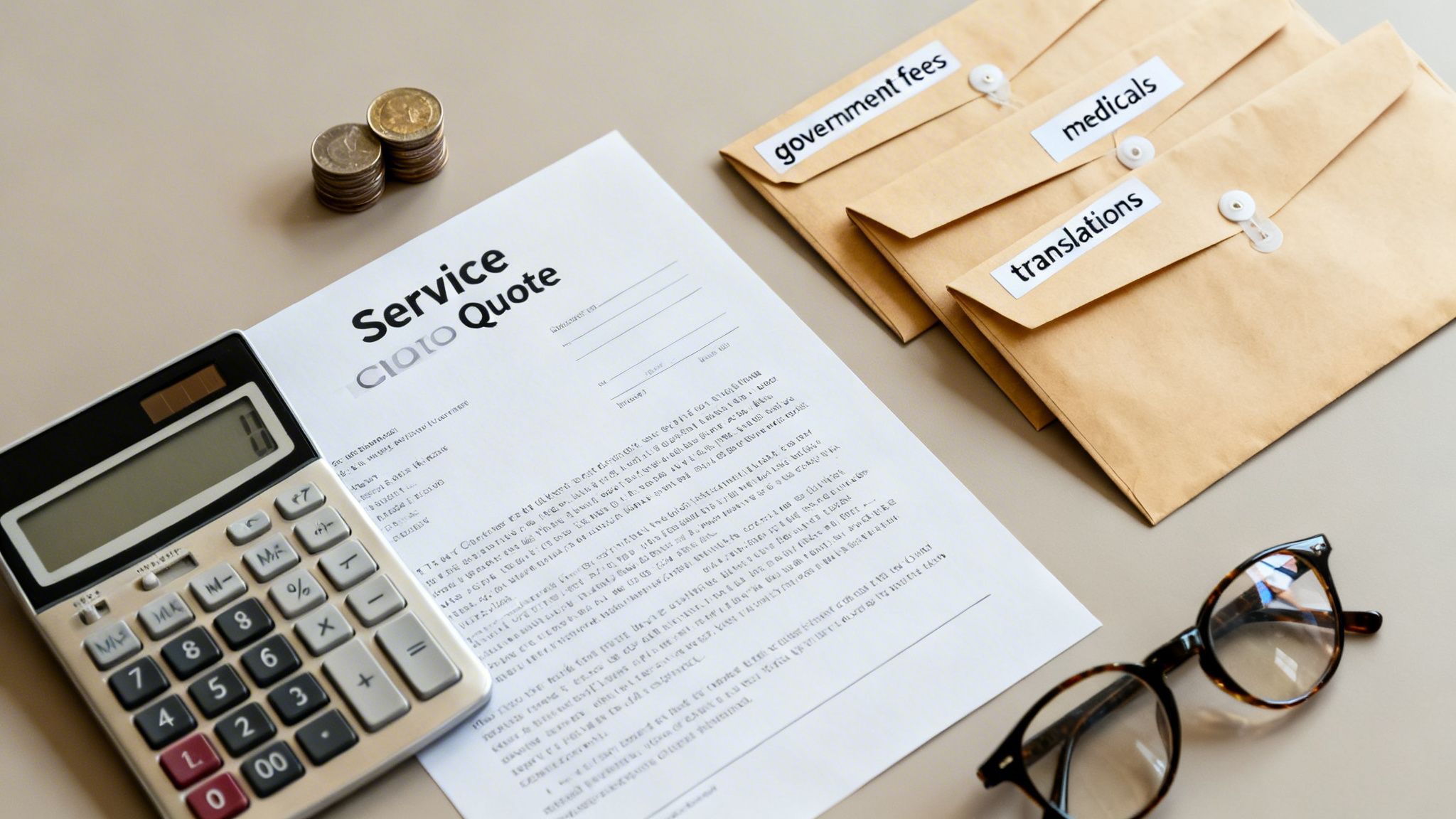 A service quote, calculator, coins, eyeglasses, and labeled envelopes for government fees, medicals, and translations, on a desk.
