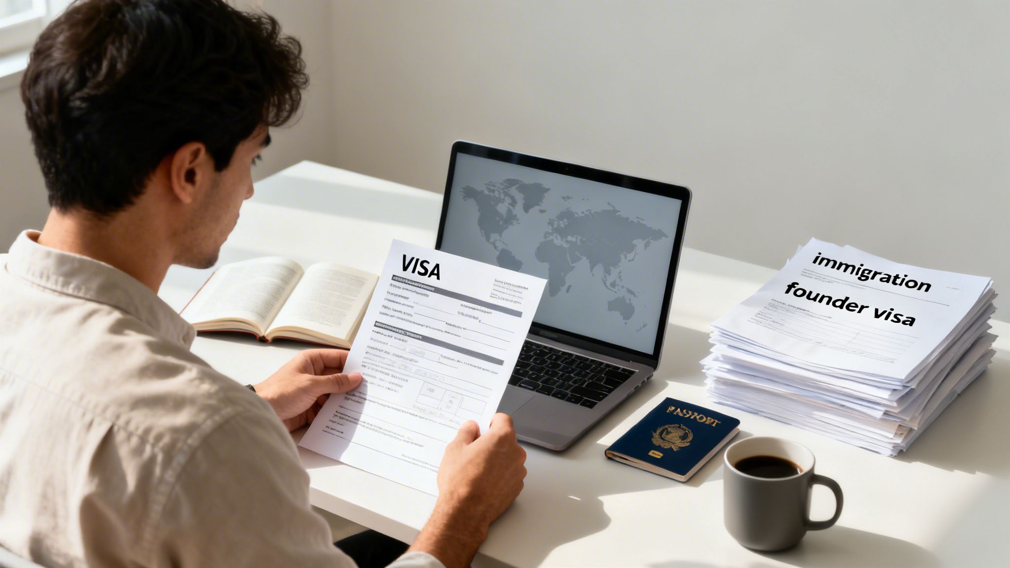 A man reviewing a visa application form with a laptop, passport, and immigration documents on a desk.