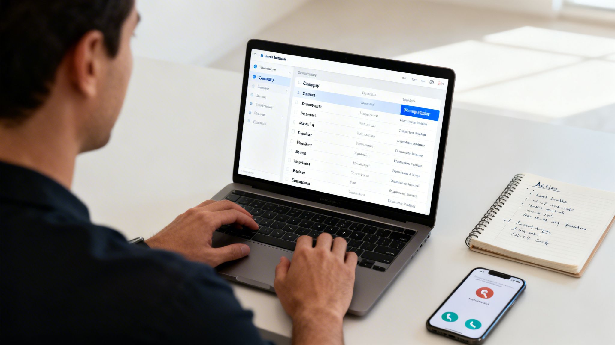 A person types on a laptop showing a business directory interface, with a notebook and smartphone nearby.
