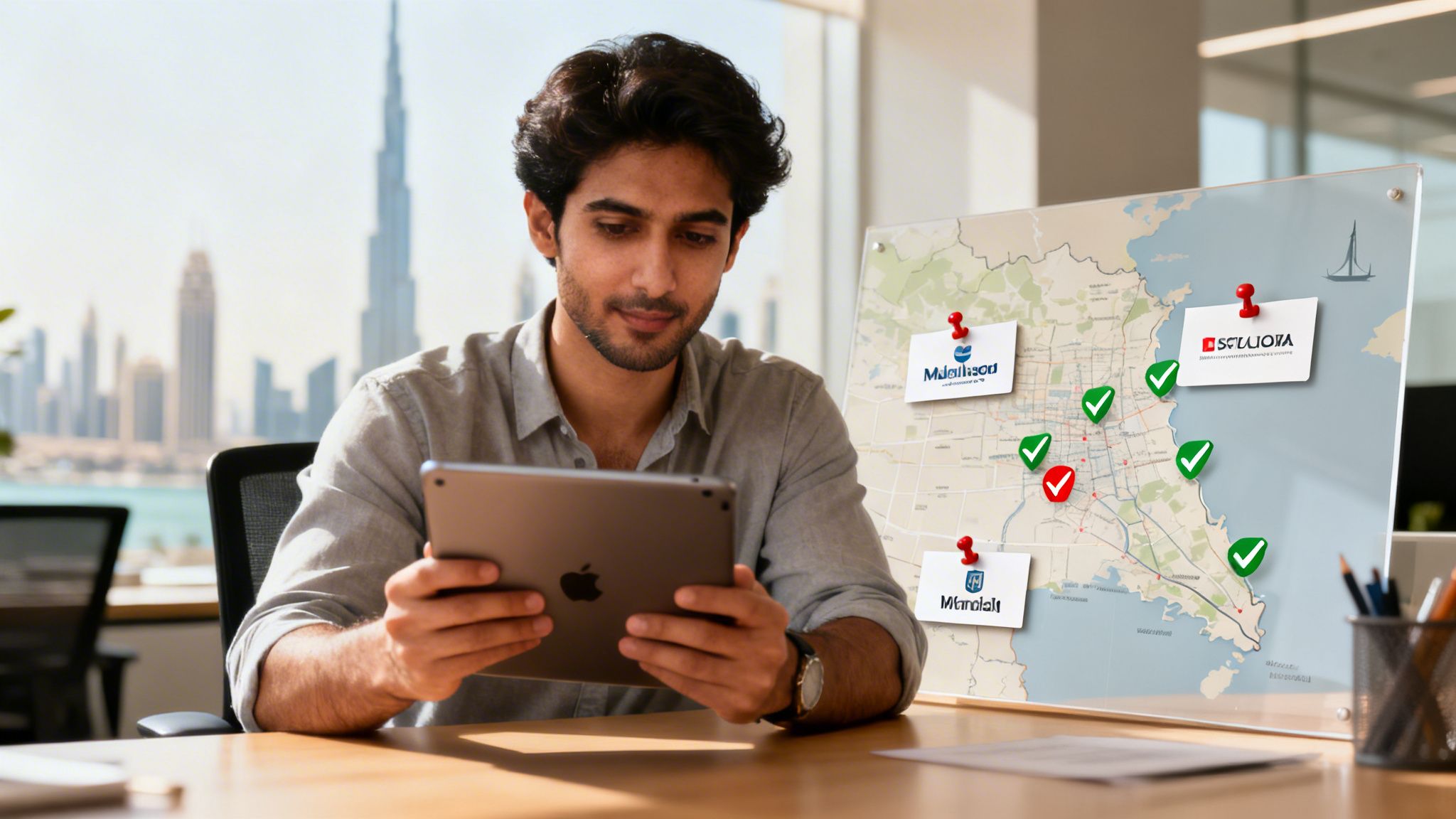 A man views a tablet with a business map of Dubai, Burj Khalifa in the background.