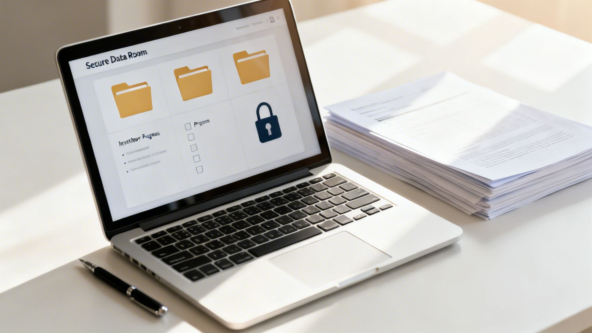 A laptop displaying a secure data room interface on a desk next to a stack of papers.