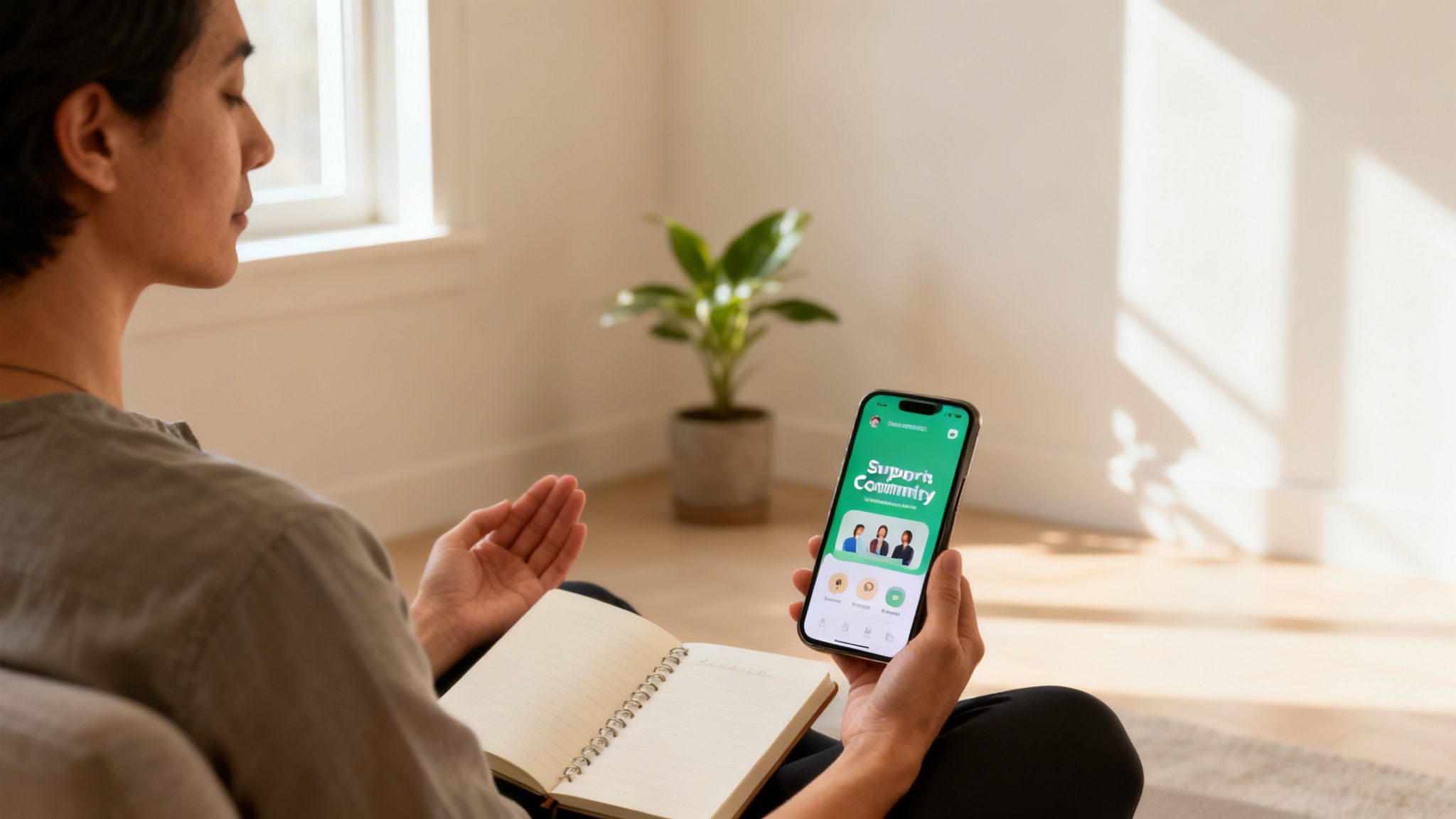 A person sitting indoors, holding a smartphone displaying a business support app while holding a notebook.