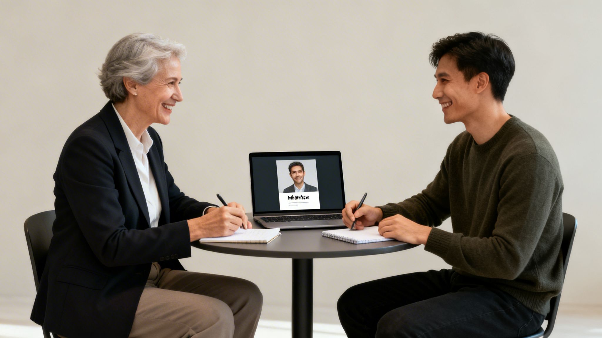 A professional woman and a young man interviewing a candidate via a laptop video call