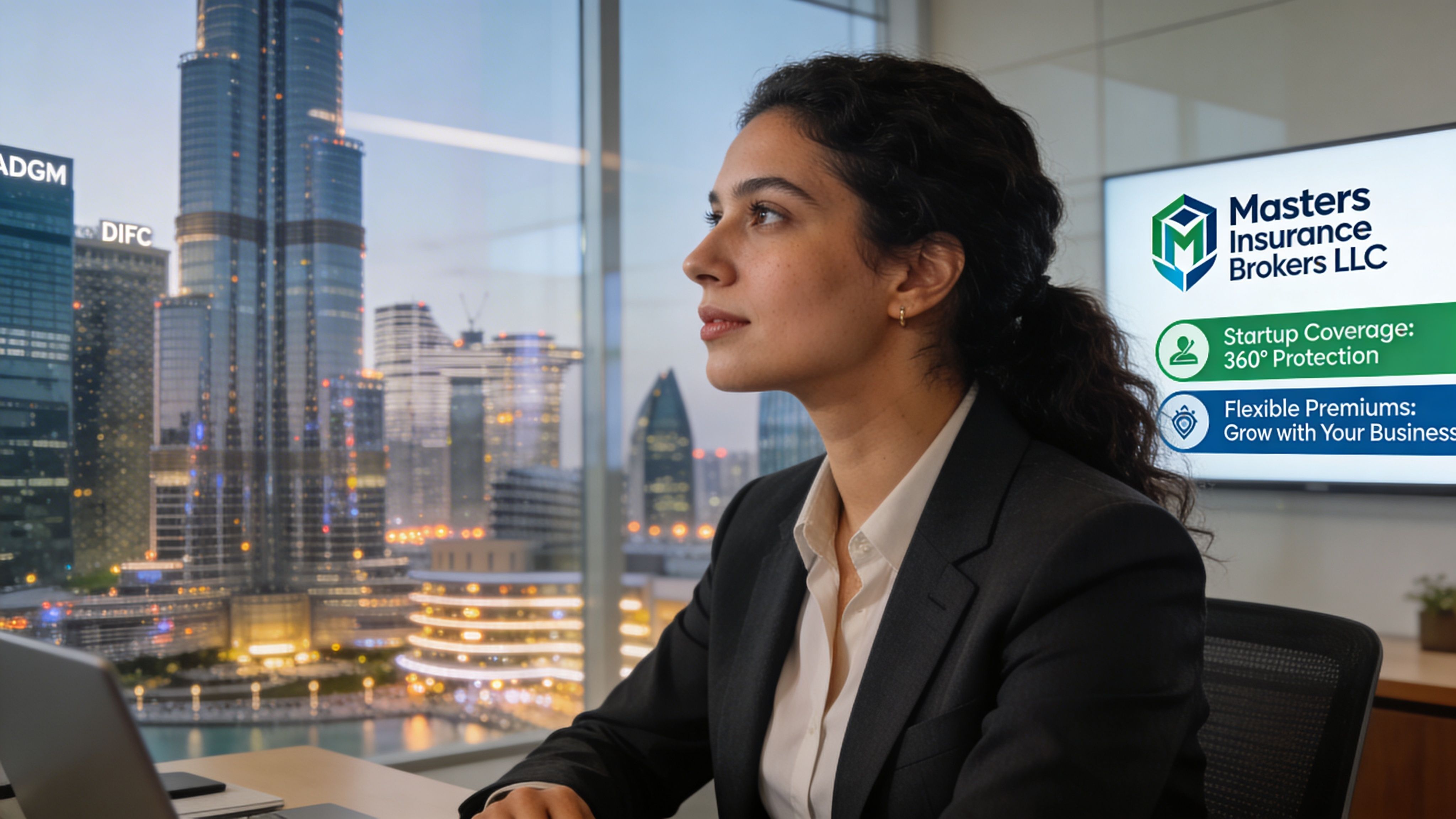 A professional woman in a business suit sitting at an office desk overlooking the Dubai skyline.