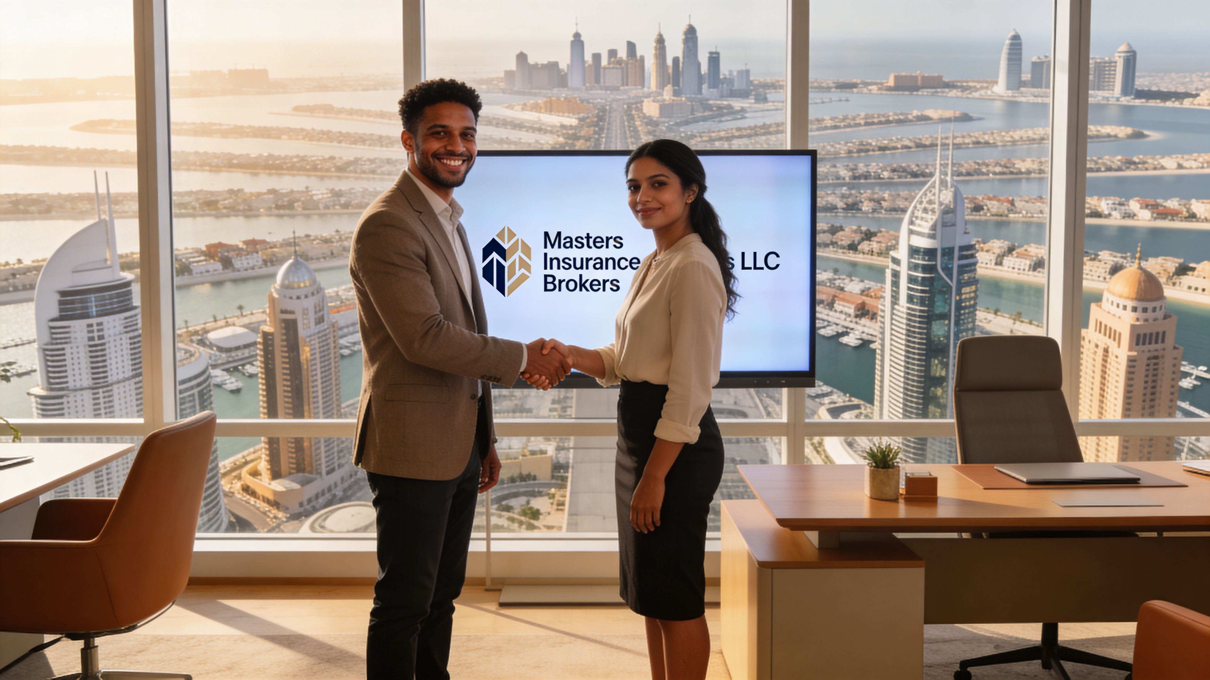 A professional man and woman shaking hands in a modern office overlooking the Dubai skyline.