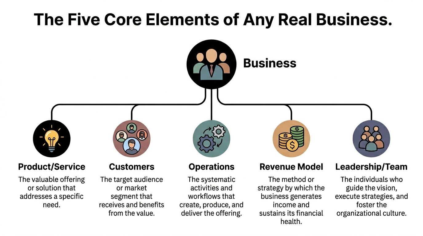 A diagram illustrating the five core elements of a business: product, customers, operations, revenue, and leadership.