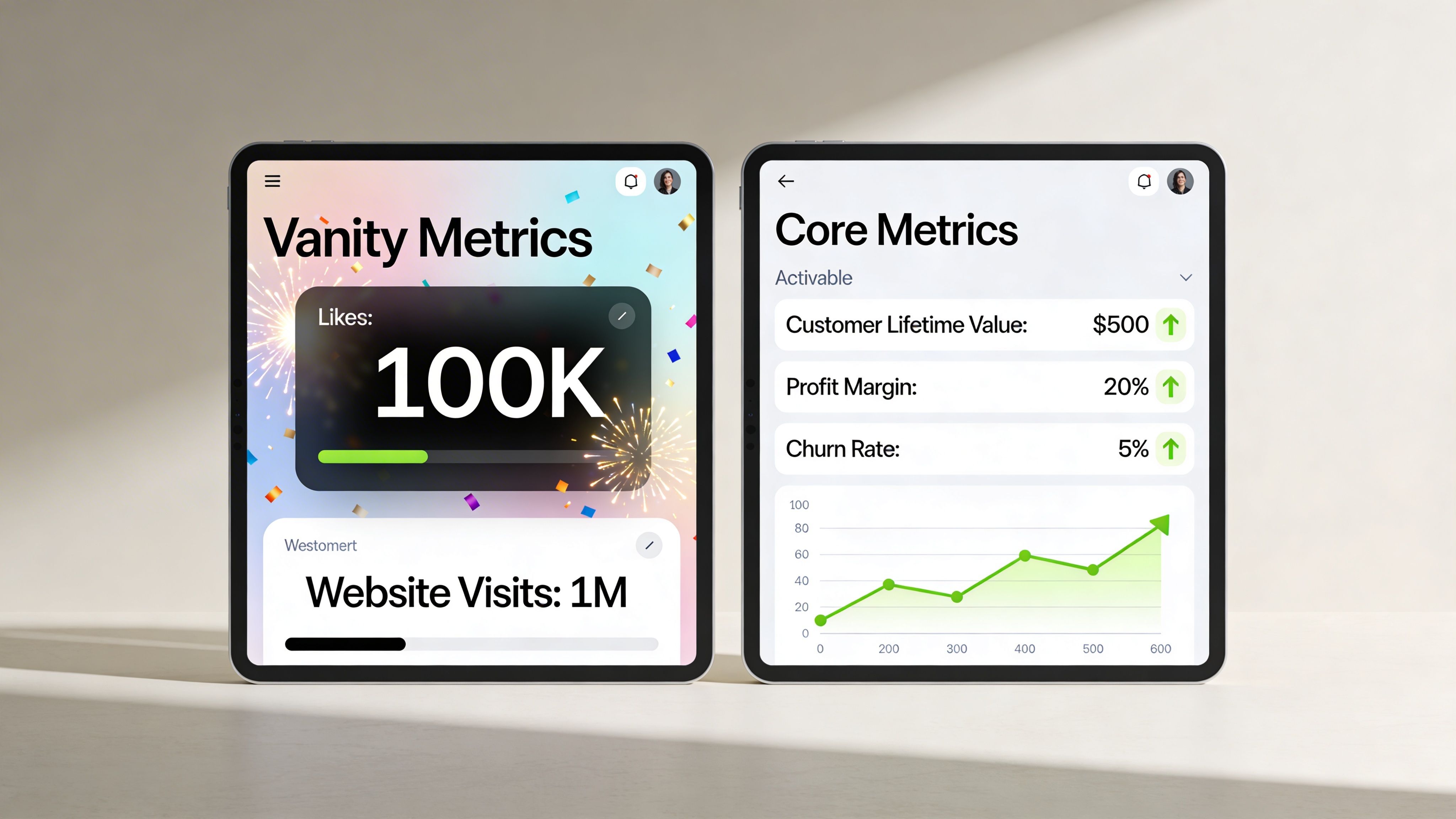 Two tablets showing a comparison between vanity metrics like likes and core business performance metrics.