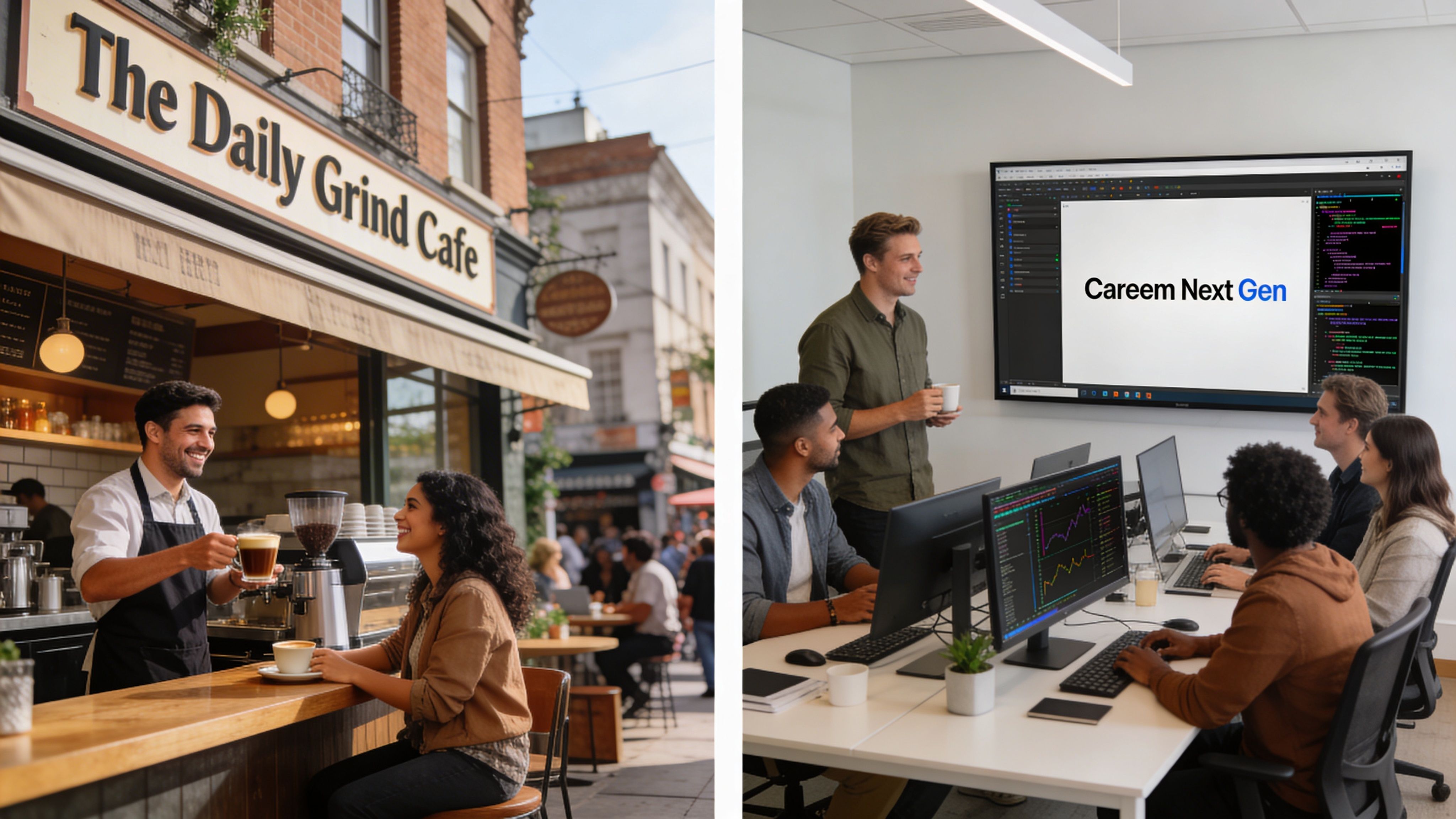 A split image showing a barista serving coffee at a cafe and a team collaborating in an office.