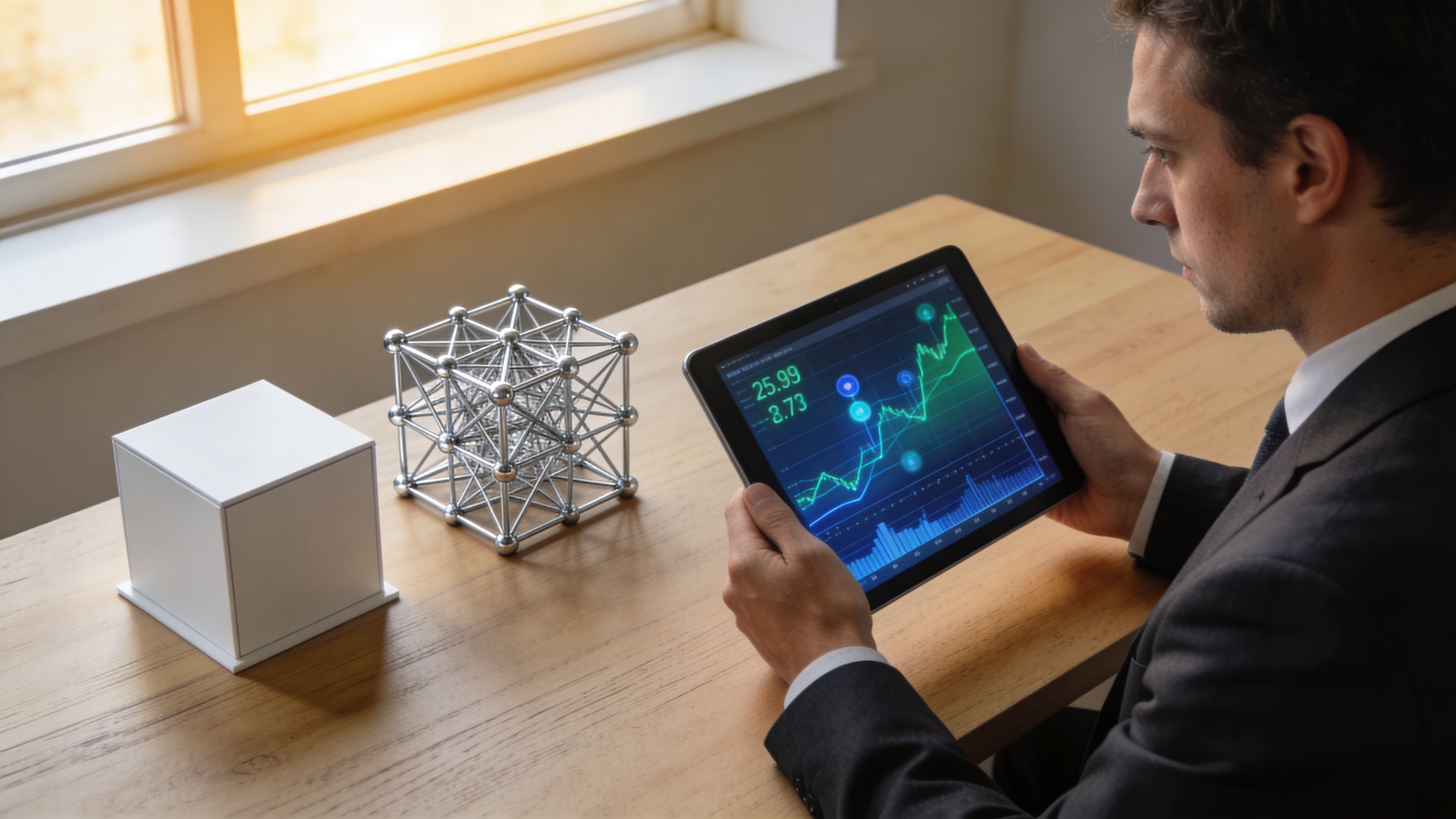 A professional man in a suit examines a digital financial stock market chart on his tablet device.