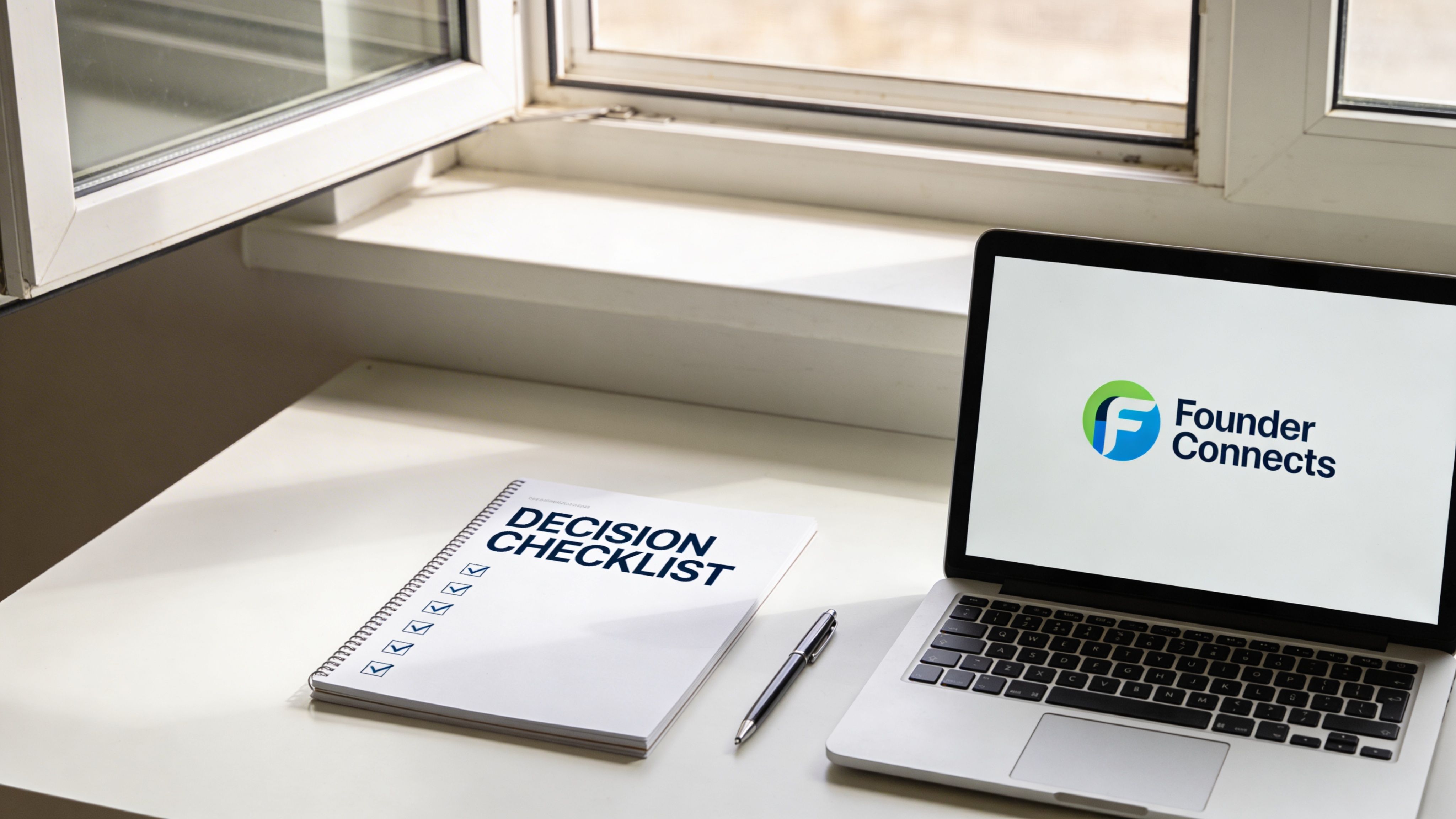 A laptop displaying the Founder Connects logo next to a decision checklist notebook and a black pen.
