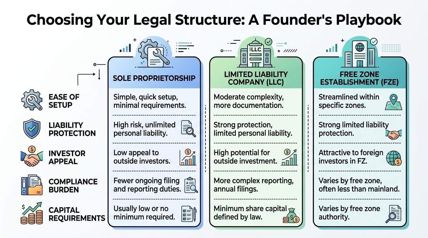 A comparison chart outlining legal structures for business formation, including sole proprietorship, LLC, and free zone establishment.