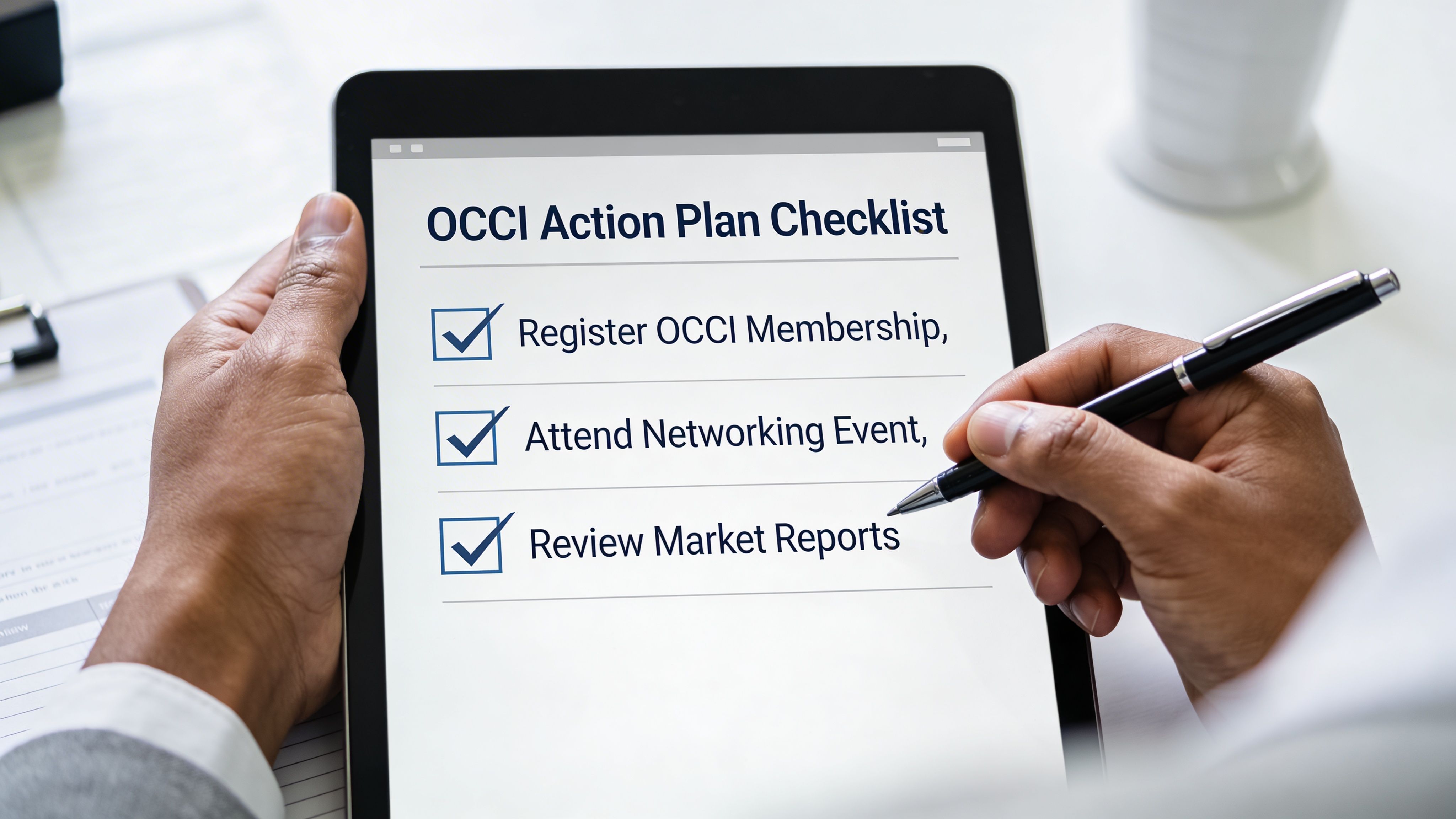 A professional checking off tasks on a tablet as part of an OCCI Action Plan checklist.