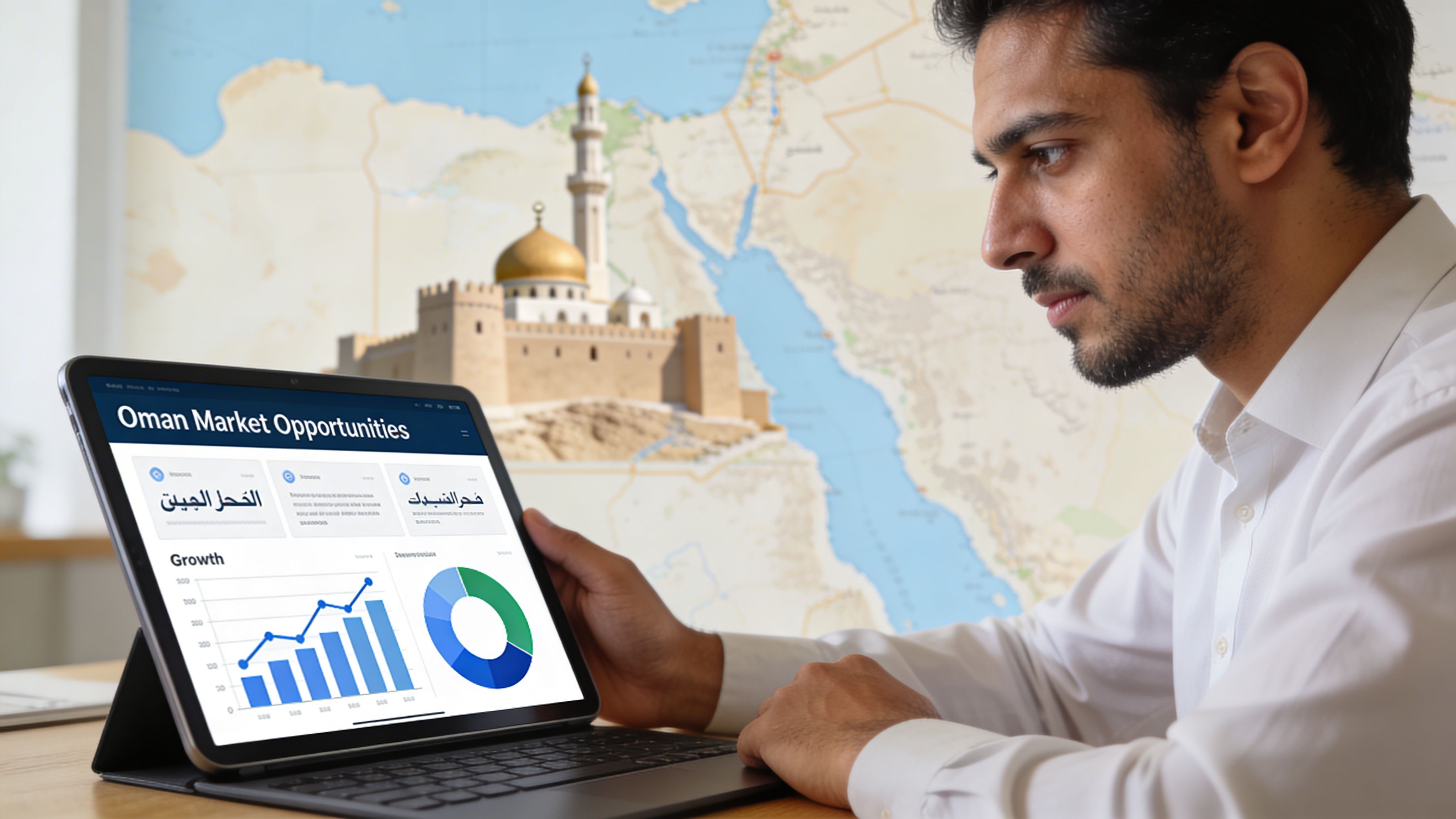 A professional man viewing a tablet screen displaying market opportunity data in front of a map.