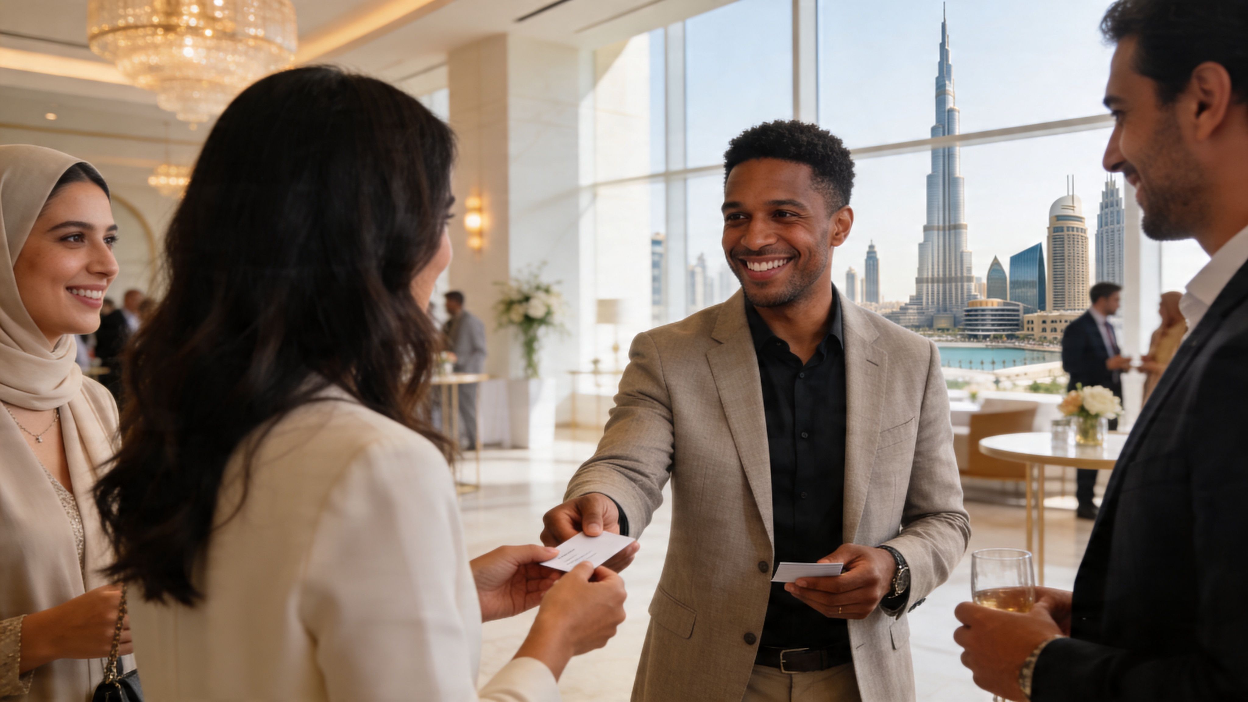 Diverse professionals exchanging business cards during a networking event with a view of the Burj Khalifa in Dubai.