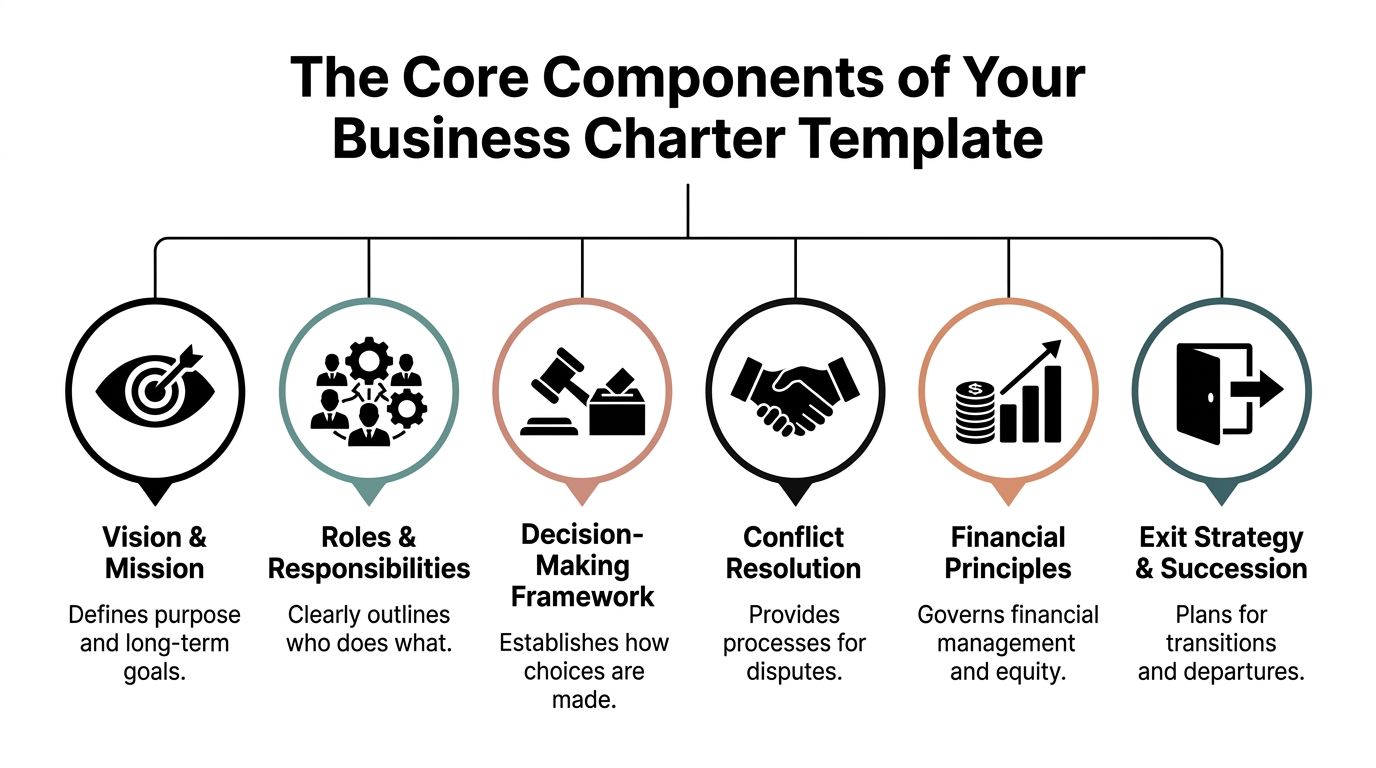 A diagram outlining the six core components of a business charter template including roles and financial principles.