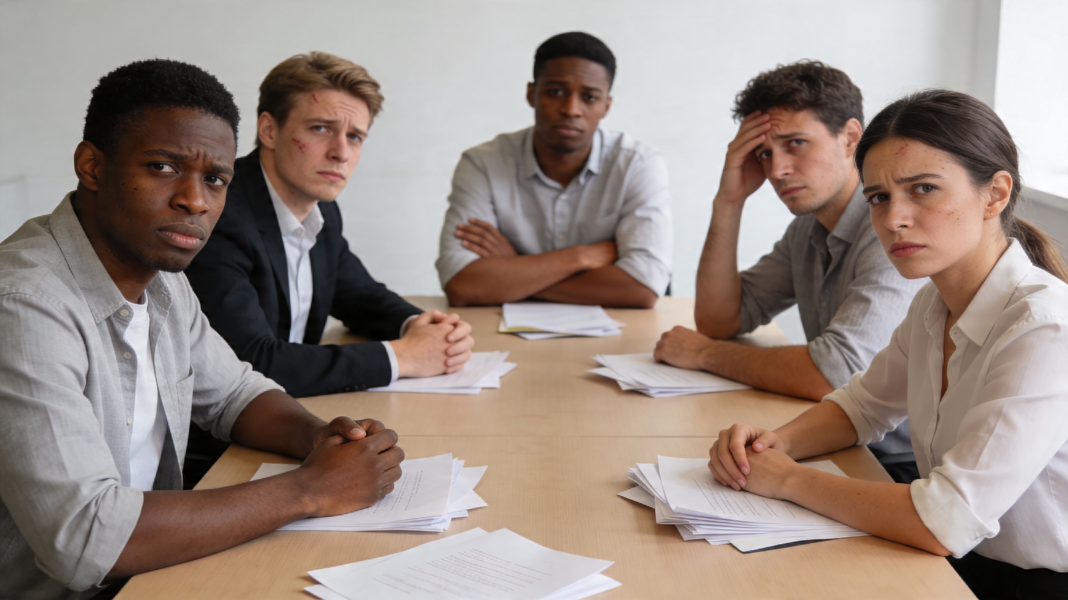 A diverse group of five professional colleagues looking frustrated during a business meeting around a table.