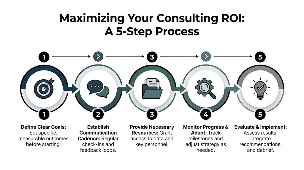 A five-step process diagram illustrating how to maximize return on investment for international business consulting engagements.