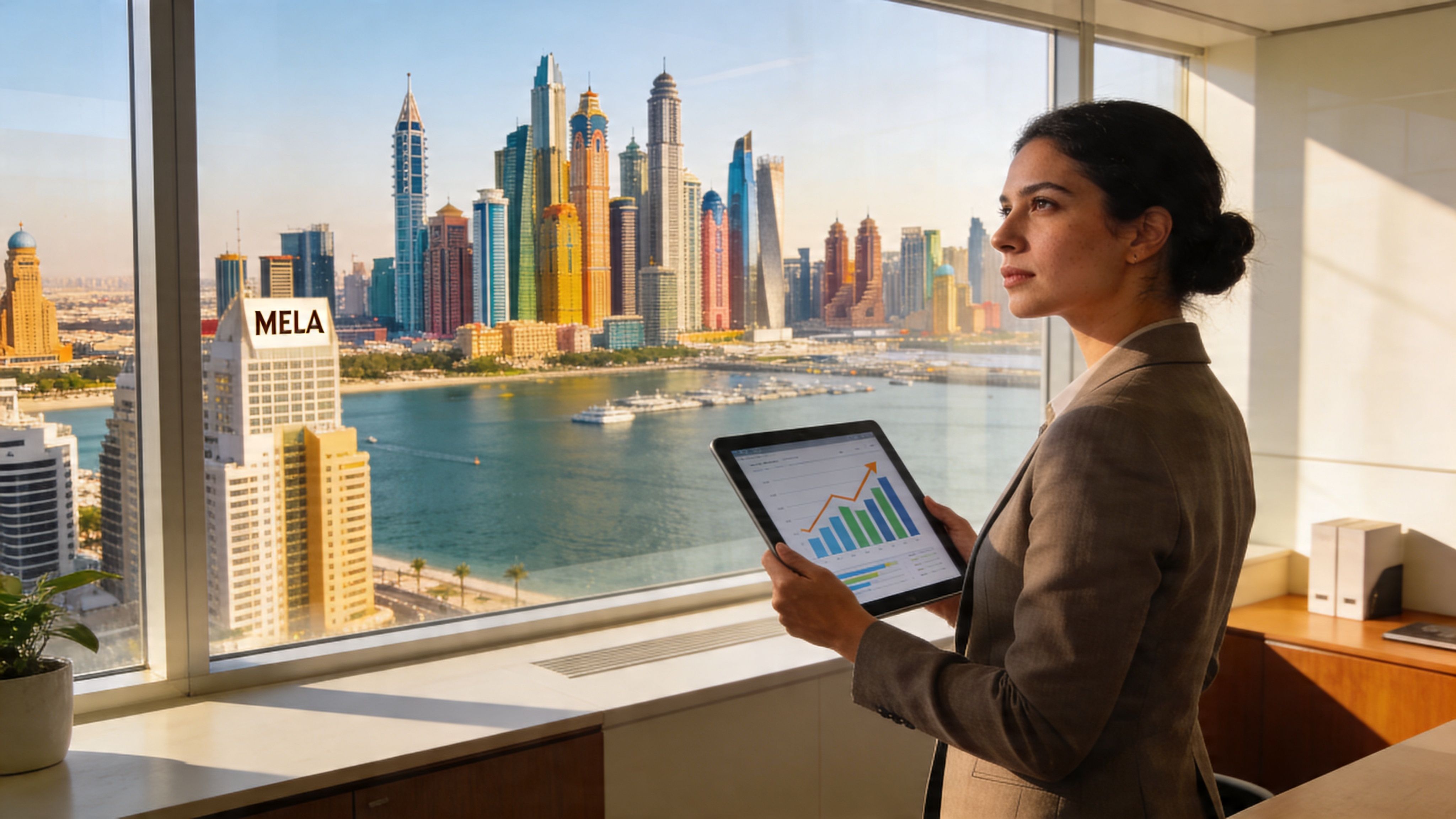 A professional businesswoman looking at a city skyline through an office window while holding a tablet.