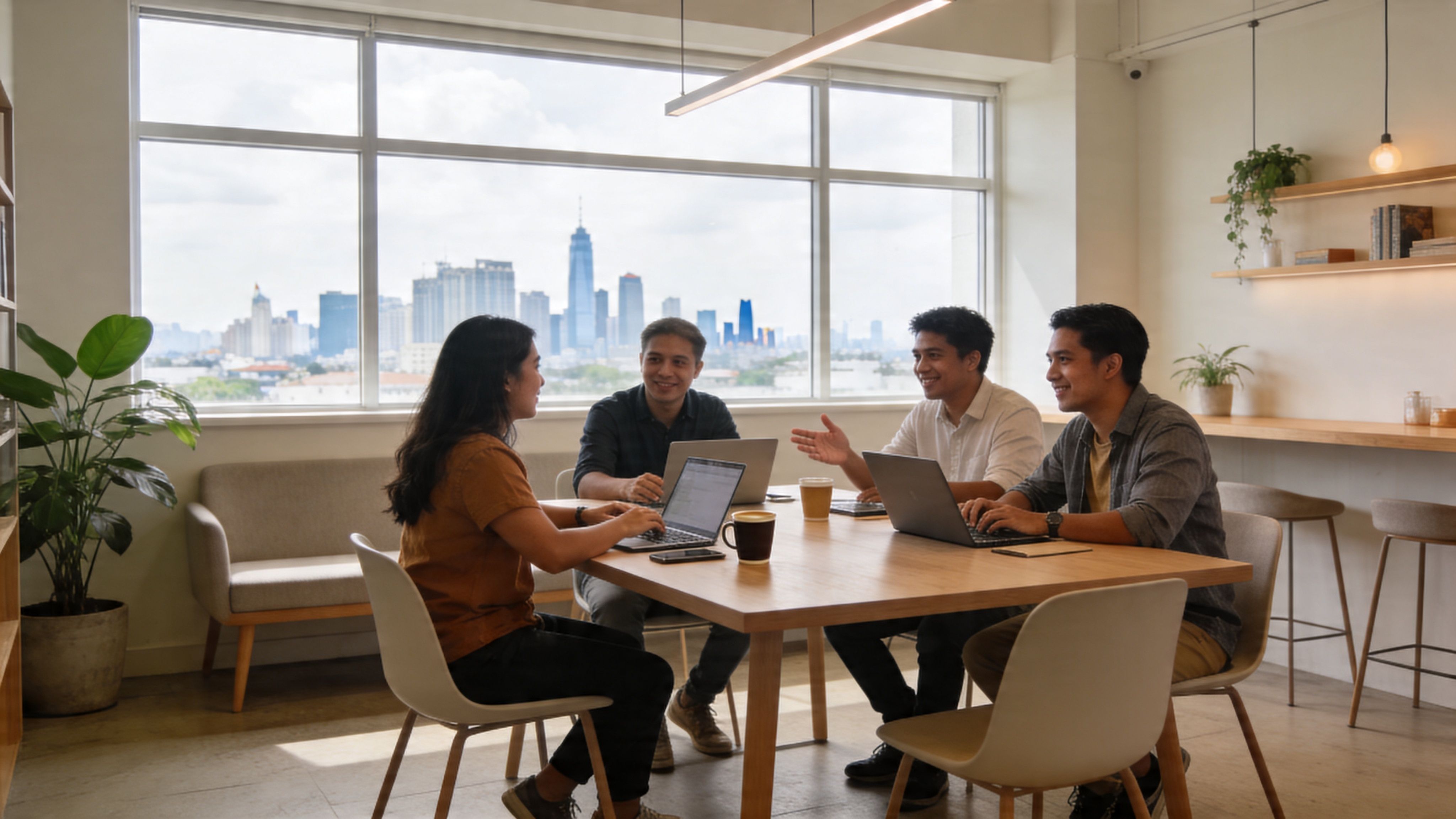 A diverse team of professionals collaborates around a wooden table in a bright office with city views.