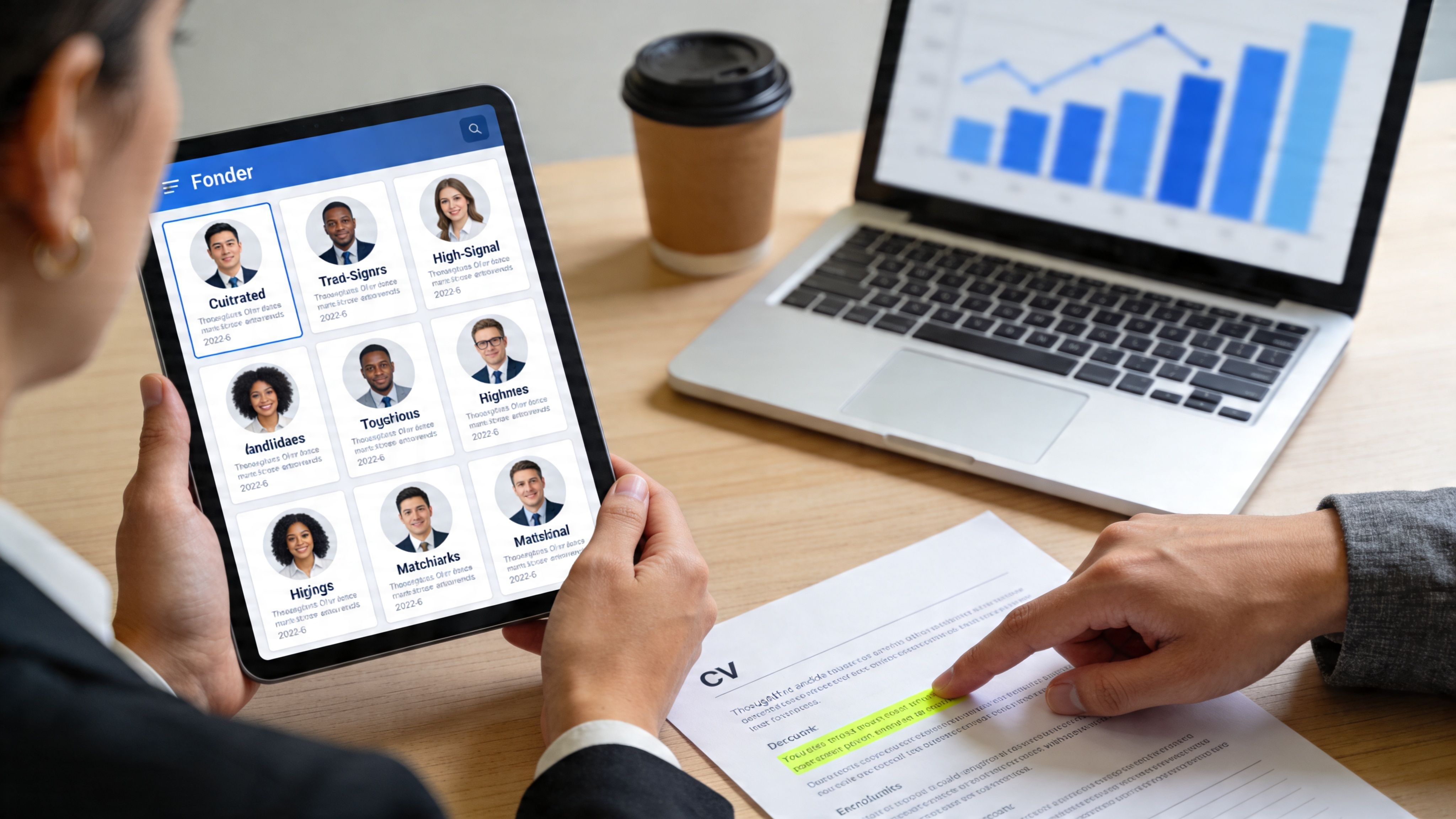 A professional examining candidate profiles on a digital tablet alongside a resume and data dashboard.