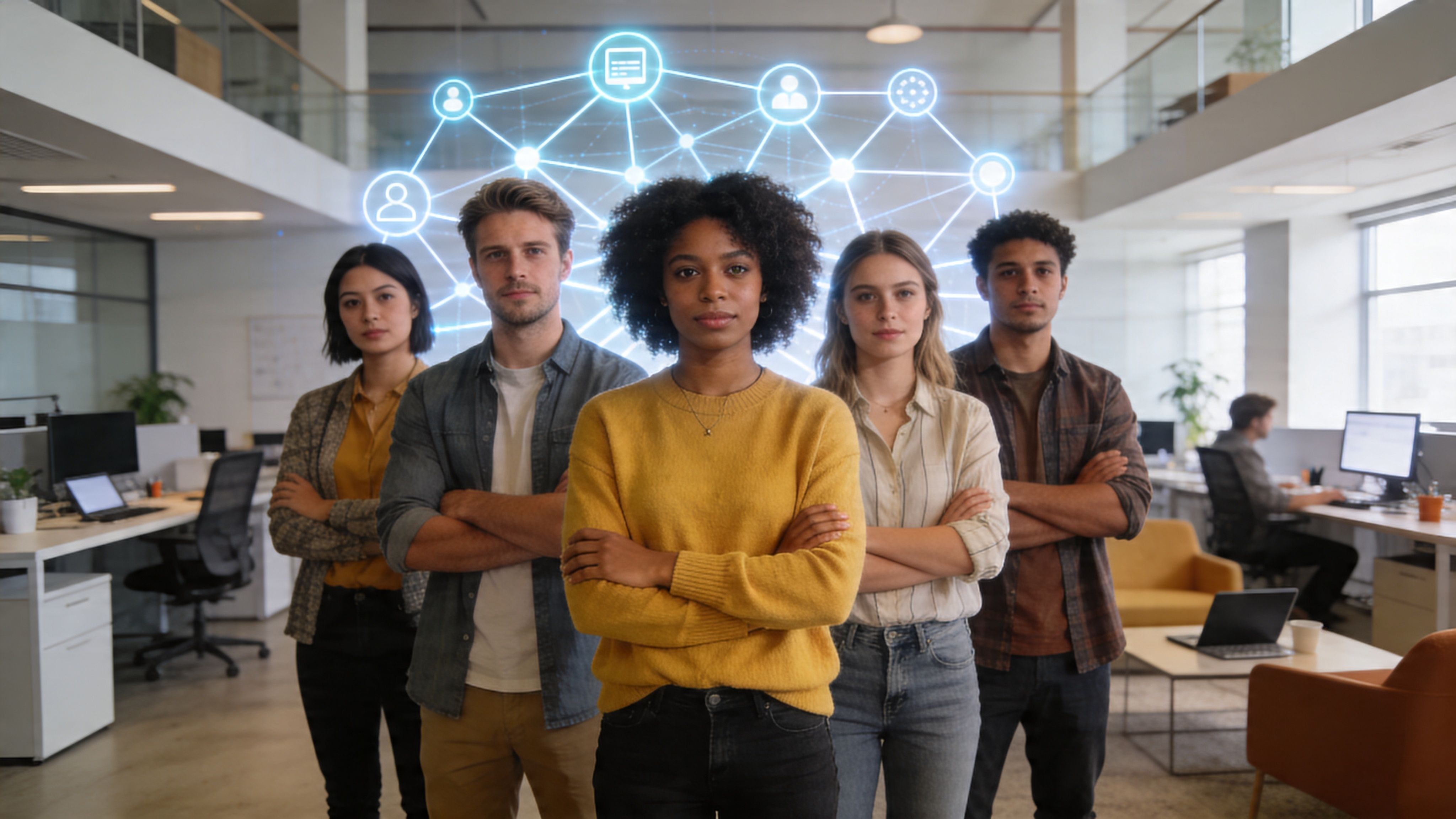 A diverse group of professional team members standing confidently in a modern office with digital network graphics.