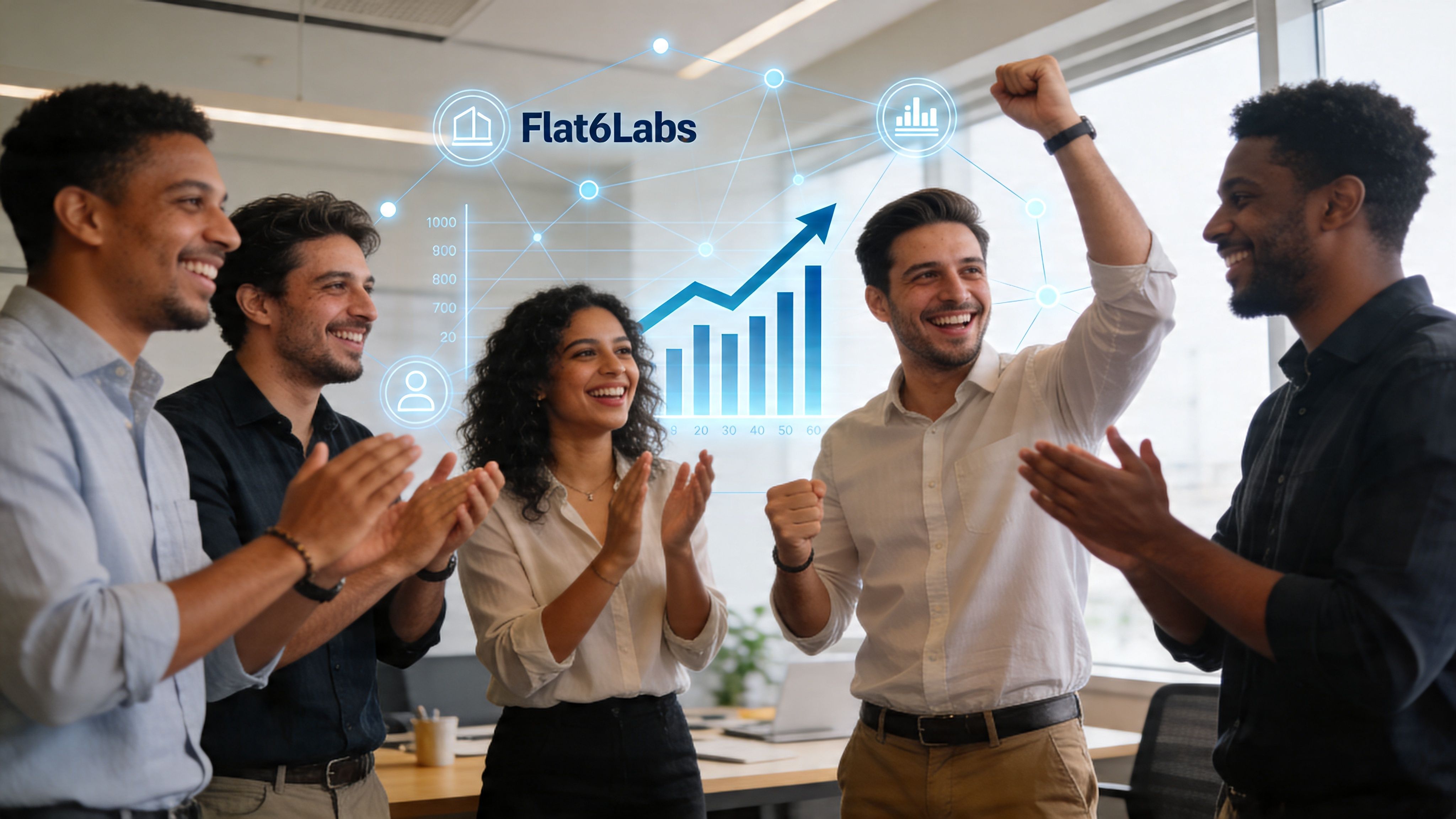 A diverse team of professionals celebrating success in an office with digital growth charts and Flat6Labs branding.