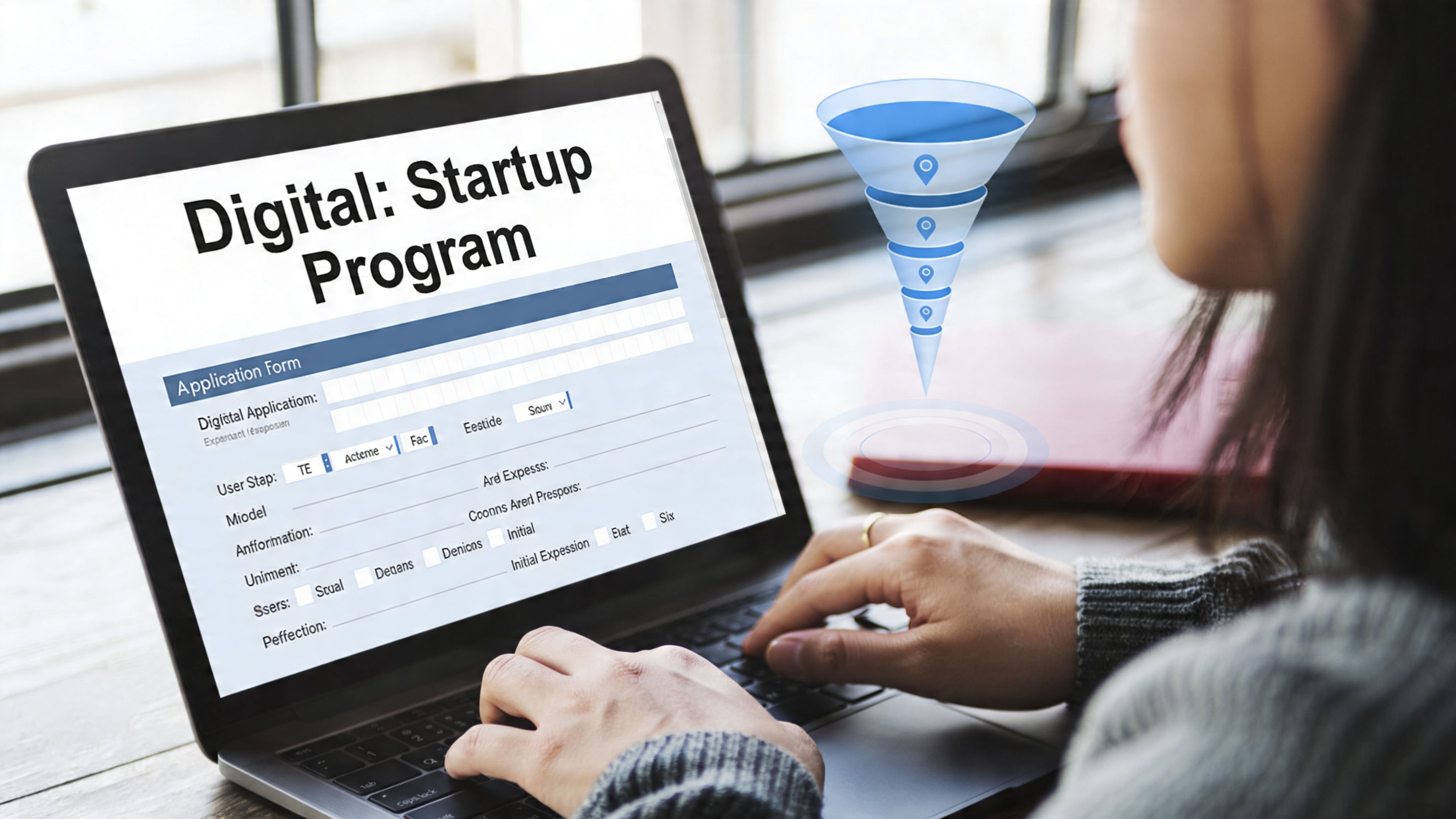 A person fills out a Digital Startup Program online application form on a laptop screen.
