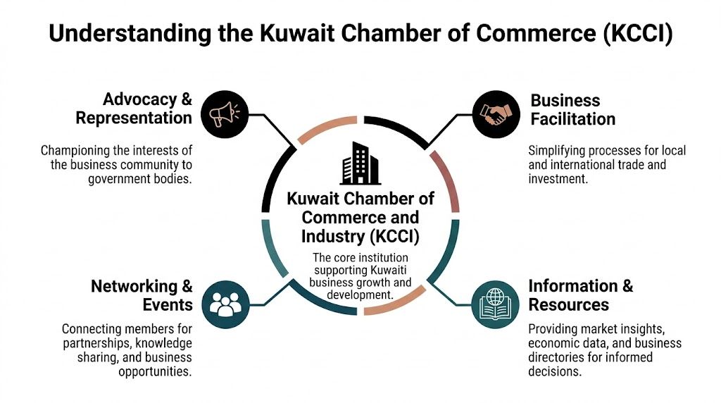 An infographic showing the four core functions of the Kuwait Chamber of Commerce and Industry.