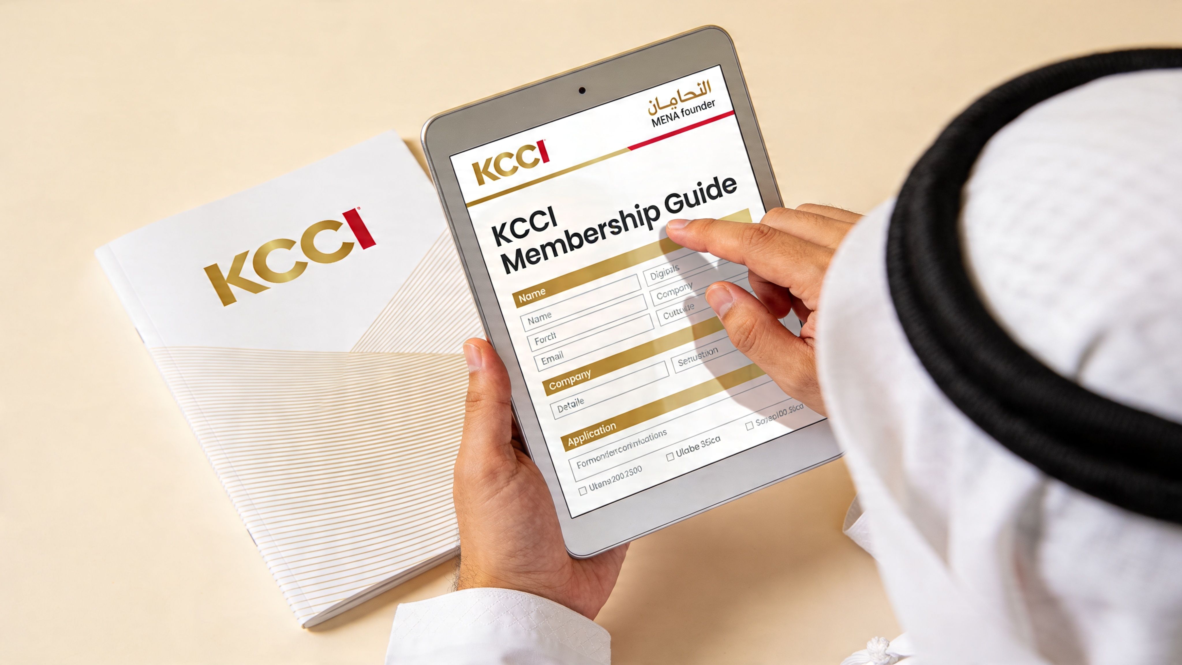 A person in traditional clothing holding a tablet with a KCCI membership form next to a brochure.