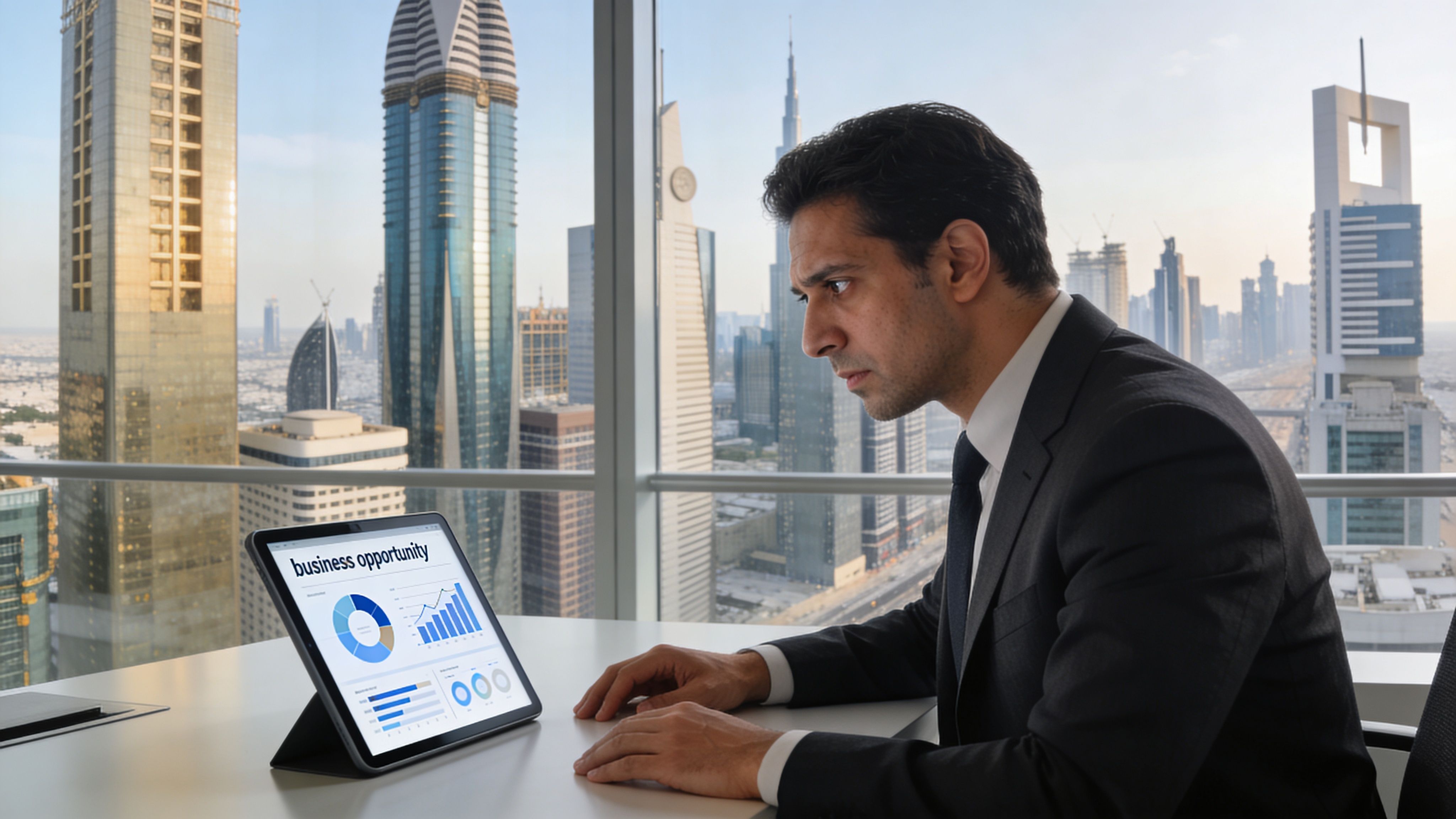 A professional businessman in a suit analyzing business opportunity charts on a tablet in a high-rise office.