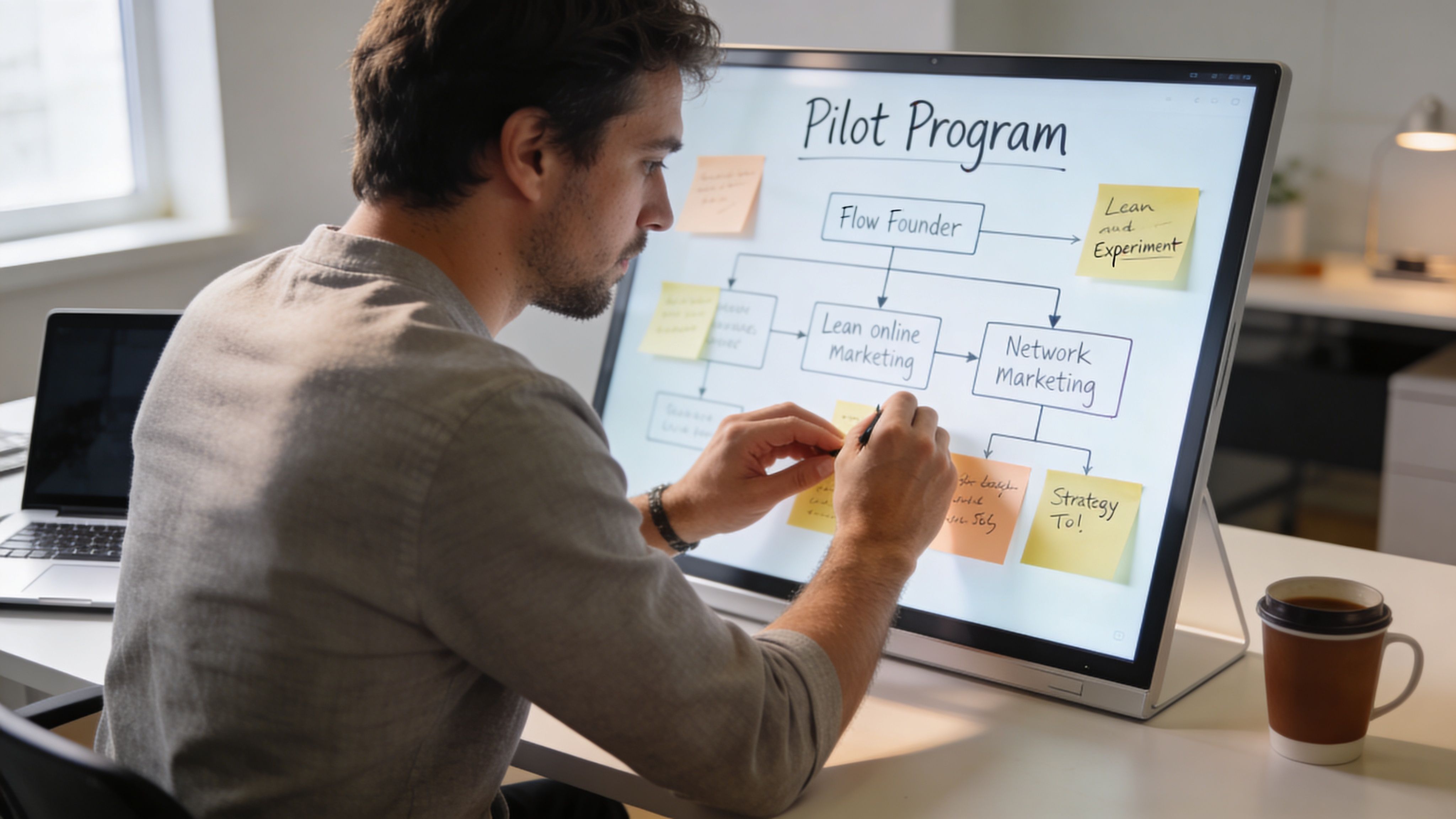 A professional working at a large digital screen while mapping out a pilot program strategy.