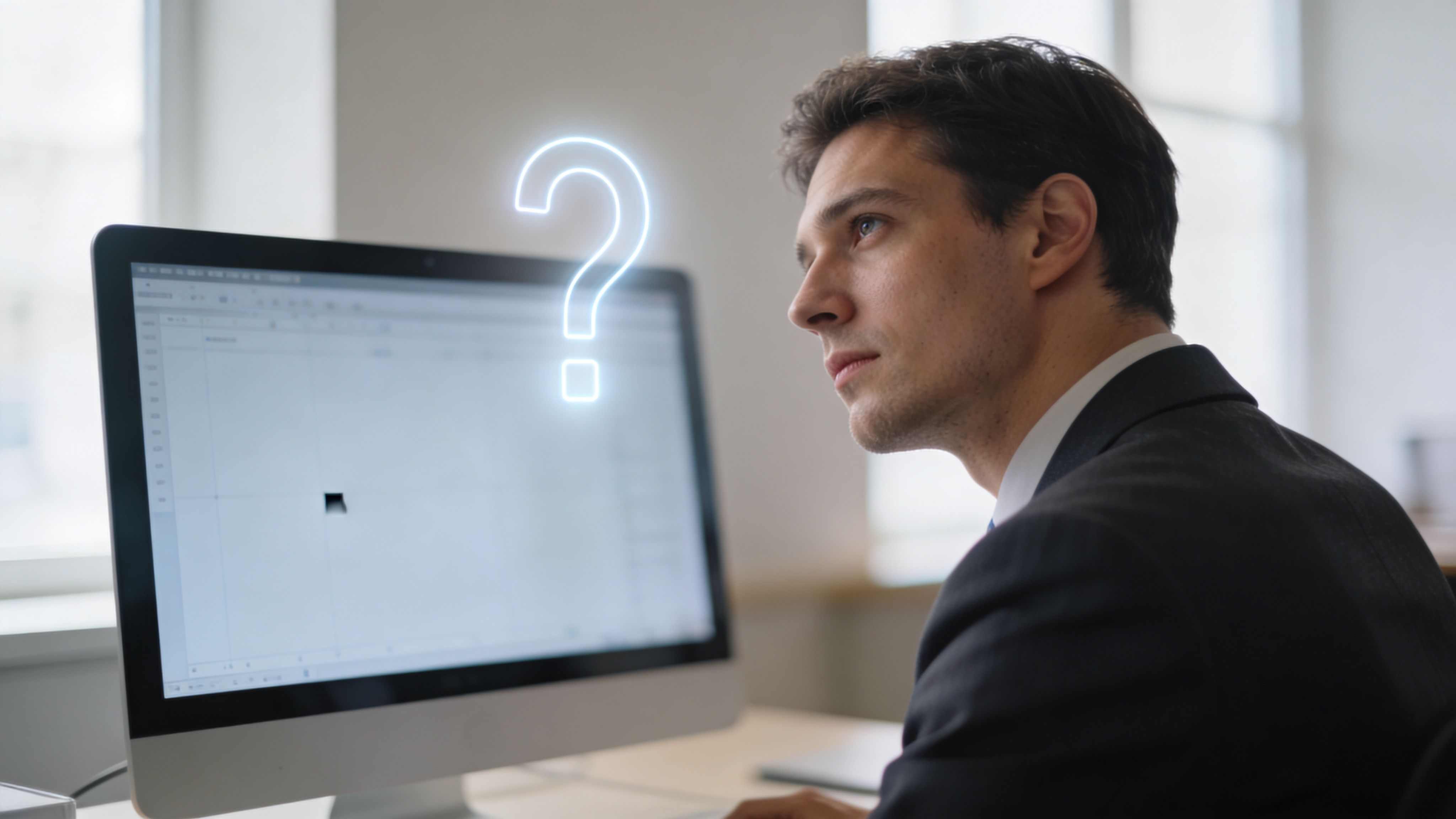 A professional businessman looking thoughtfully at a computer screen with a glowing question mark overlay.