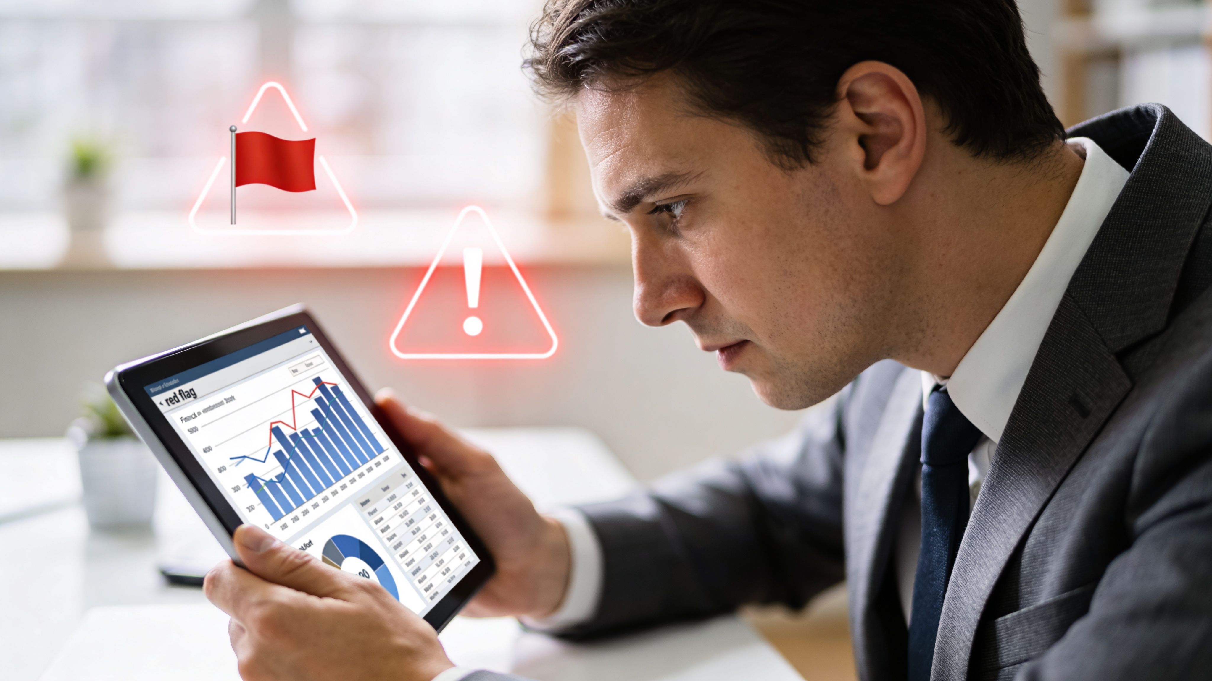 A professional man in a suit looks at a digital tablet displaying financial data with warning icons.