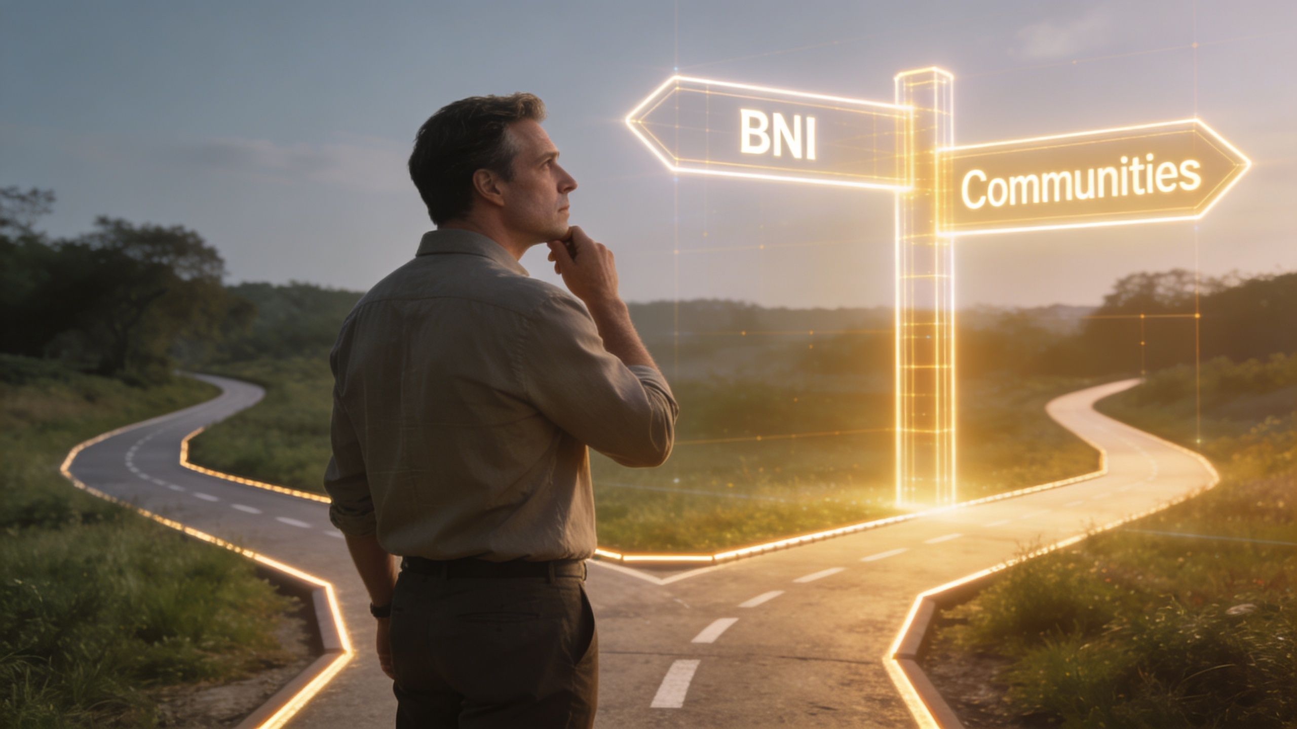 A man in a shirt looking thoughtful at a glowing signpost showing BNI and Communities directions.