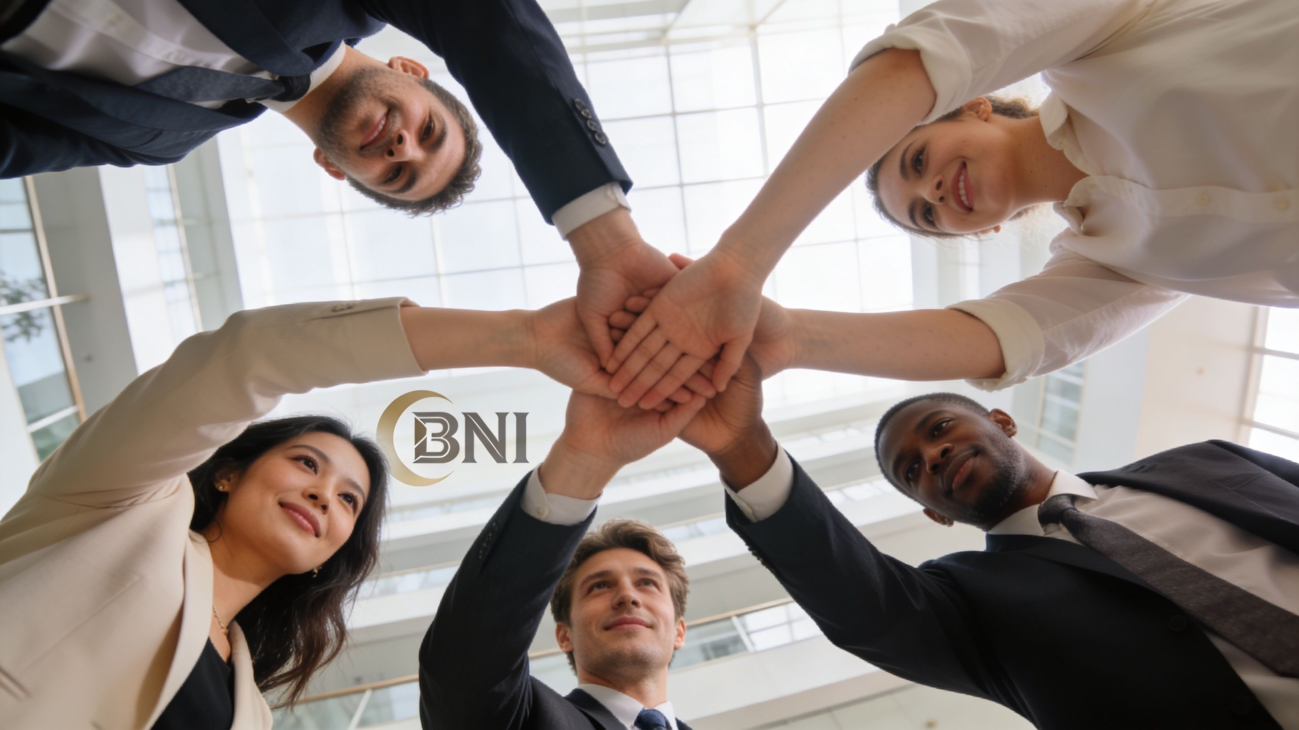 A diverse group of business professionals joining hands in a circle to show unity and teamwork.
